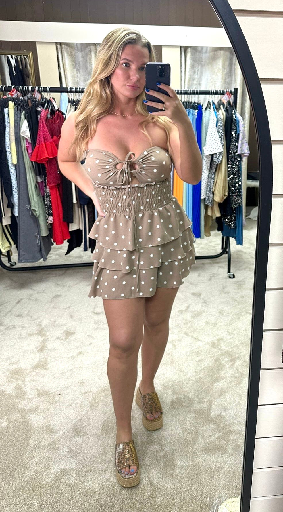 Beige Polka Dot Bandeau Dress