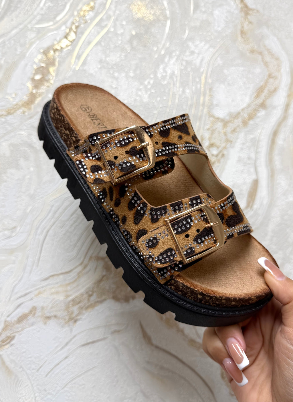 Diamanté Buckle Sliders - Leopard Print