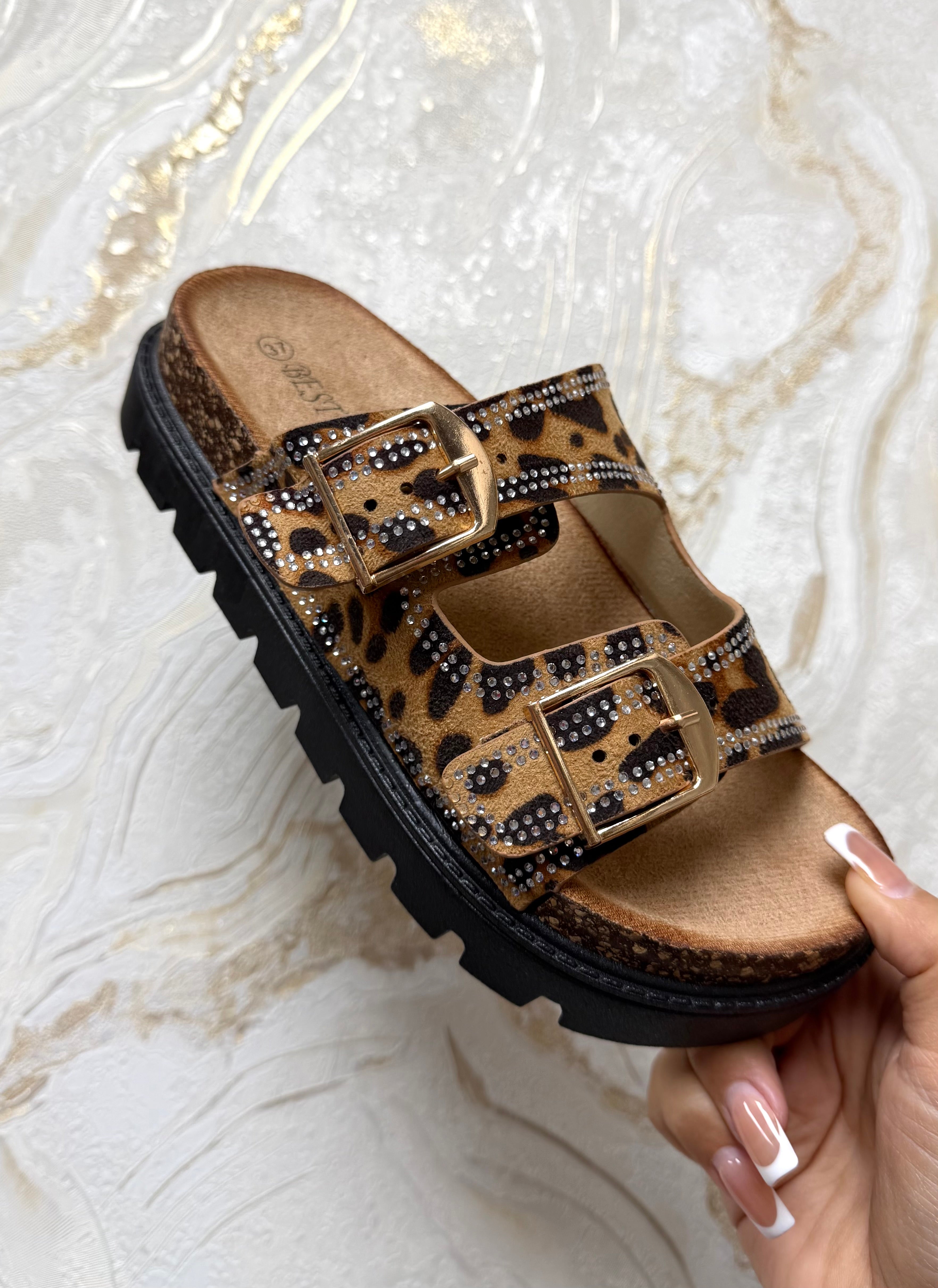 Diamanté Buckle Sliders - Leopard Print