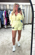 Oversized Waist Cinching Zip Up Hoodie & Shorts Knot Logo Co Ord - Lemon
