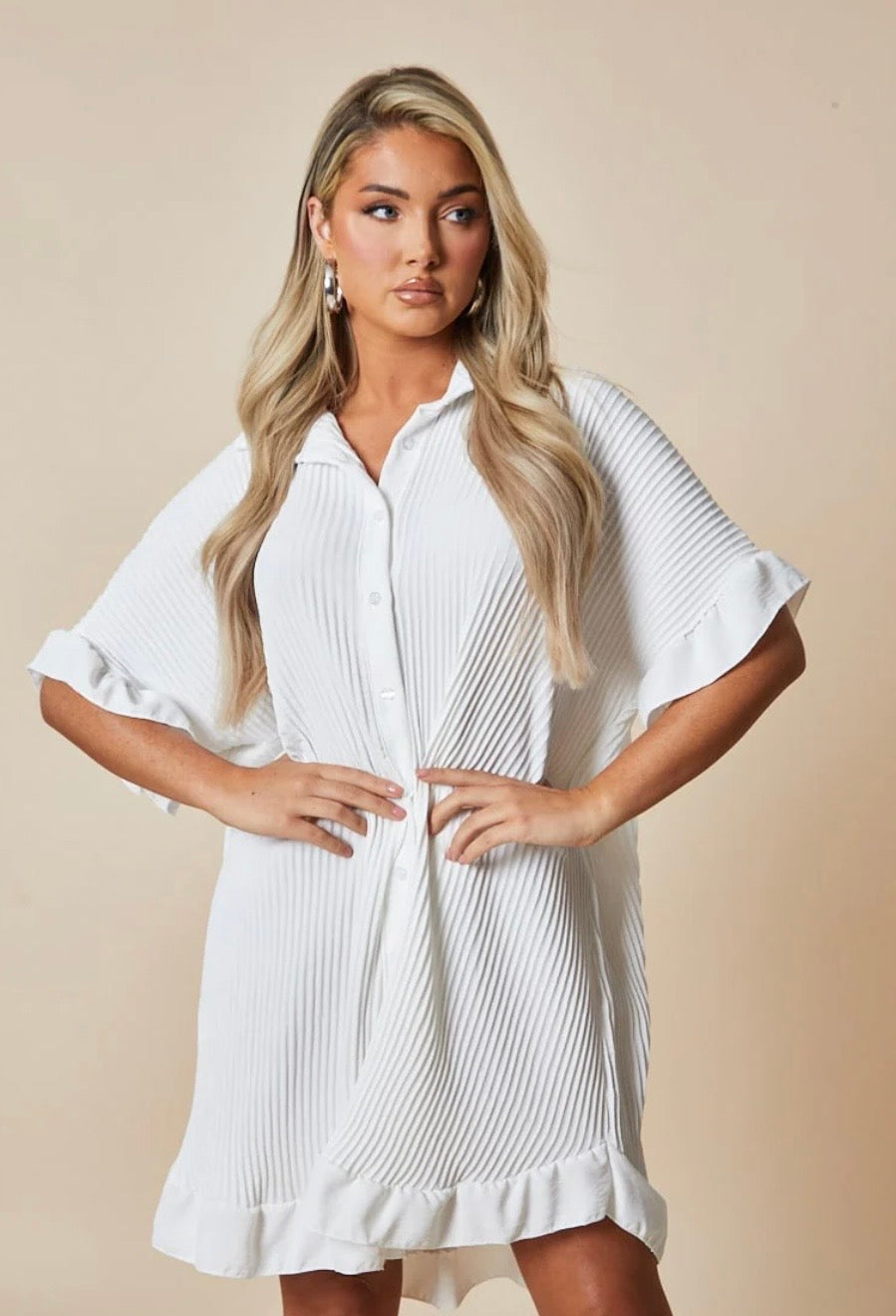 Gold Button Pleated Ruffle Hem Oversized Dress