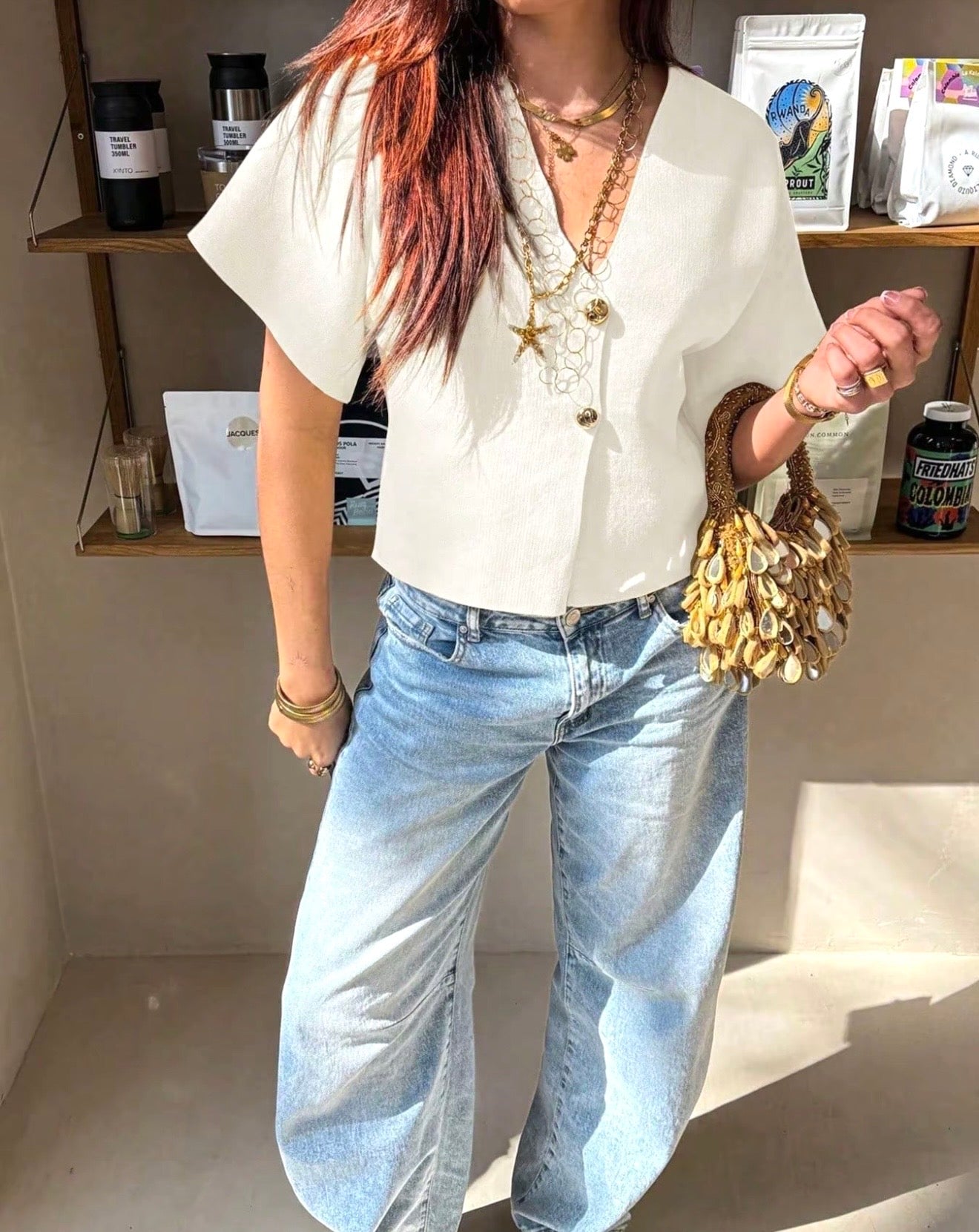 Elegant Front Gold Buckle Cap Sleeve V Neck Top - White