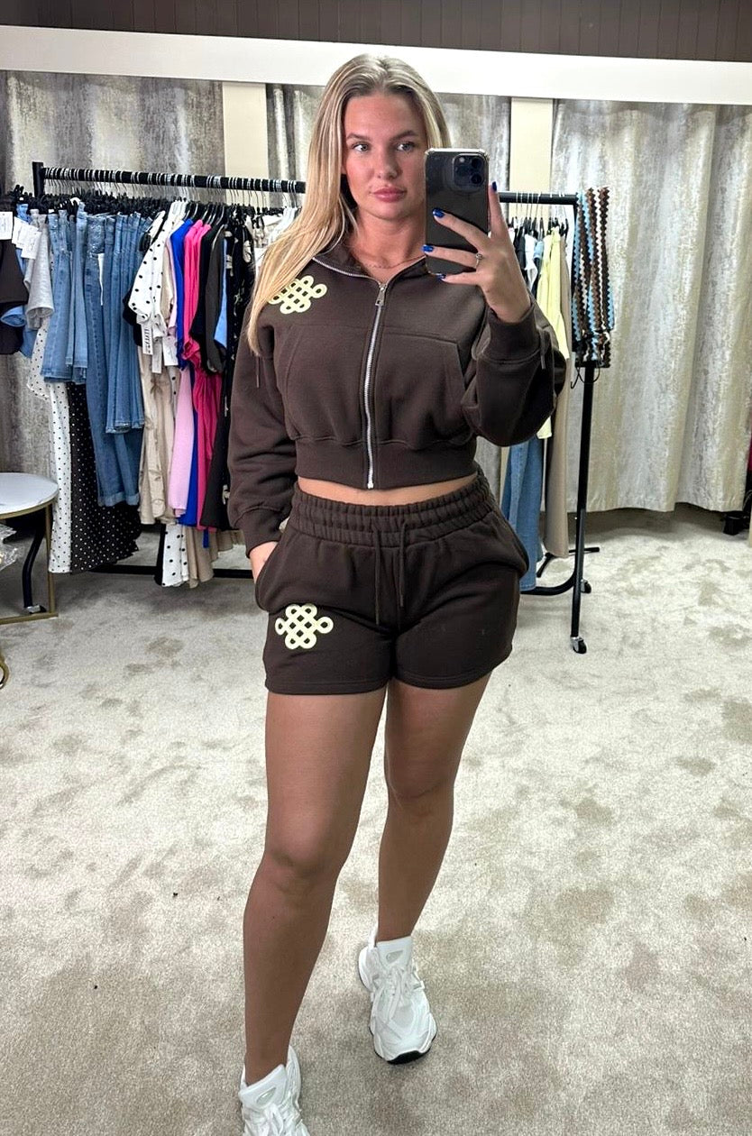 Oversized Waist Cinching Zip Up Hoodie & Shorts Knot Logo Co Ord - Chocolate Brown