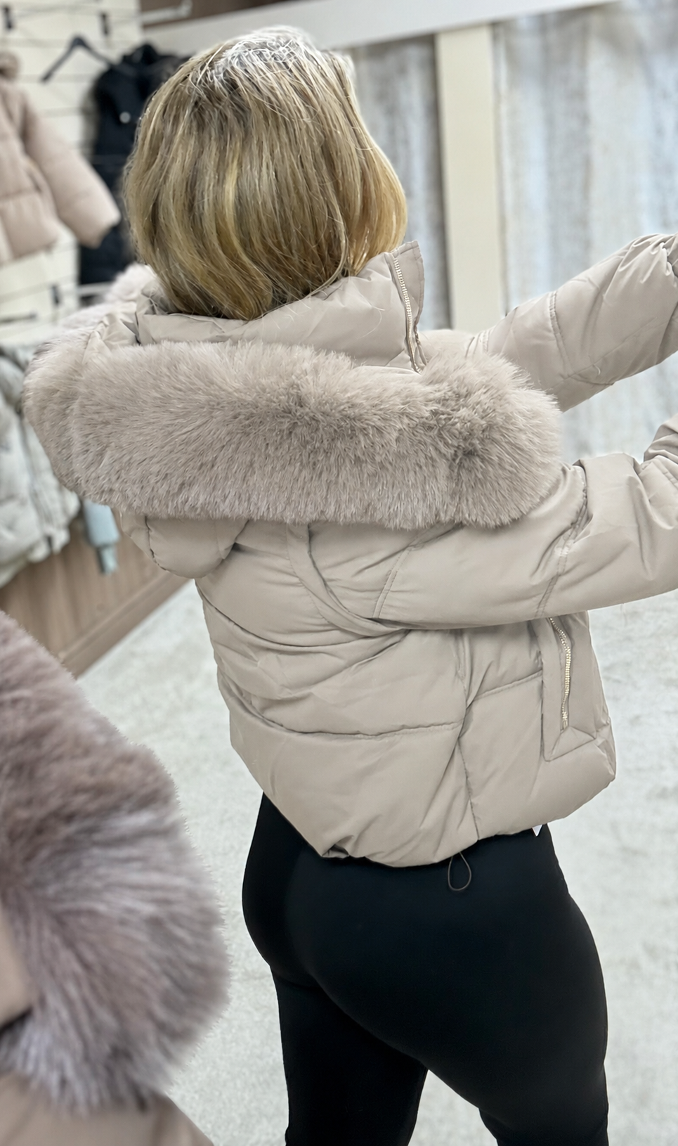 Luxe Faux Fur Gold Zip Detail Coat - Stone