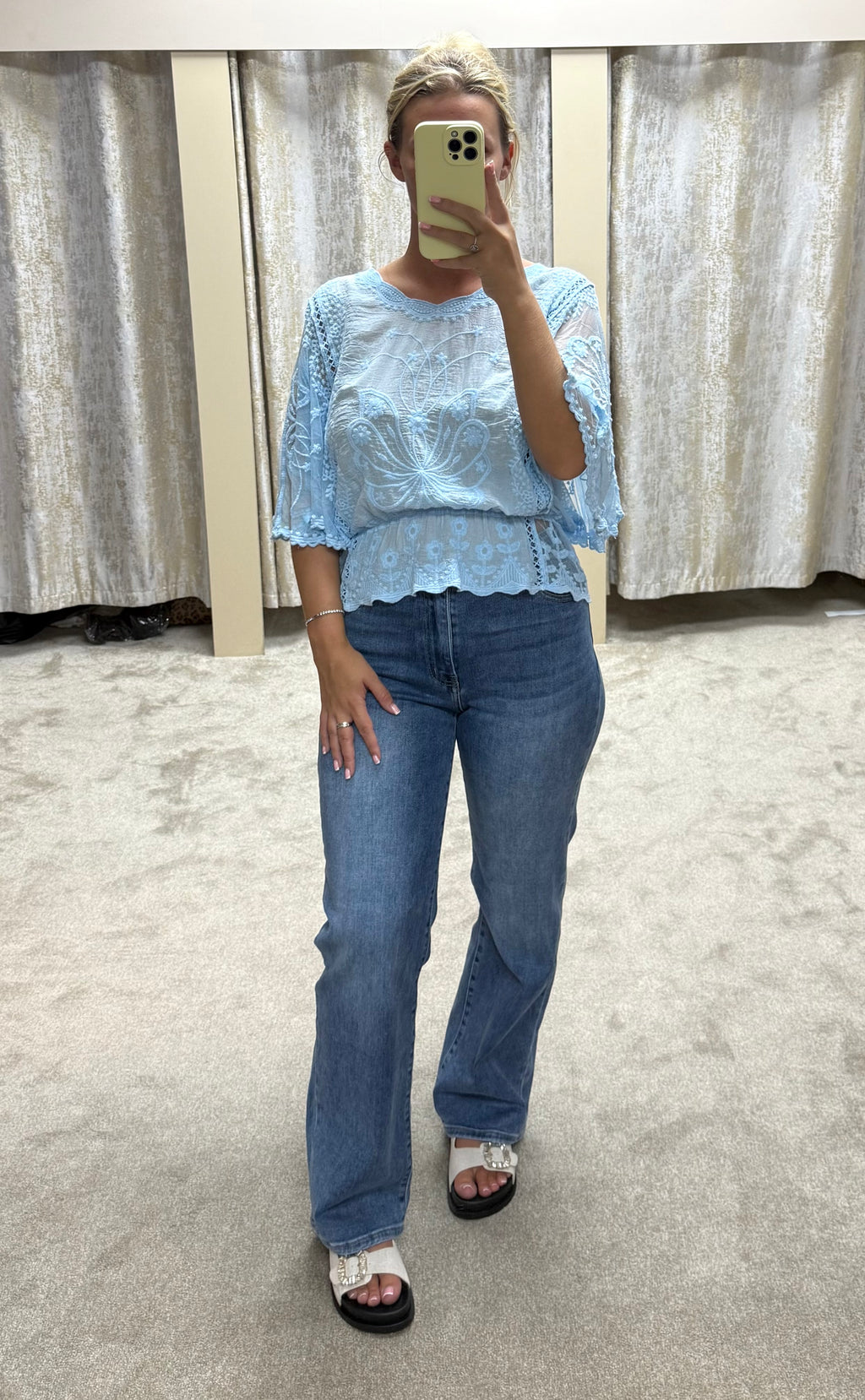 Butterly Embroidered Elasticated Waist Crochet Detail Top