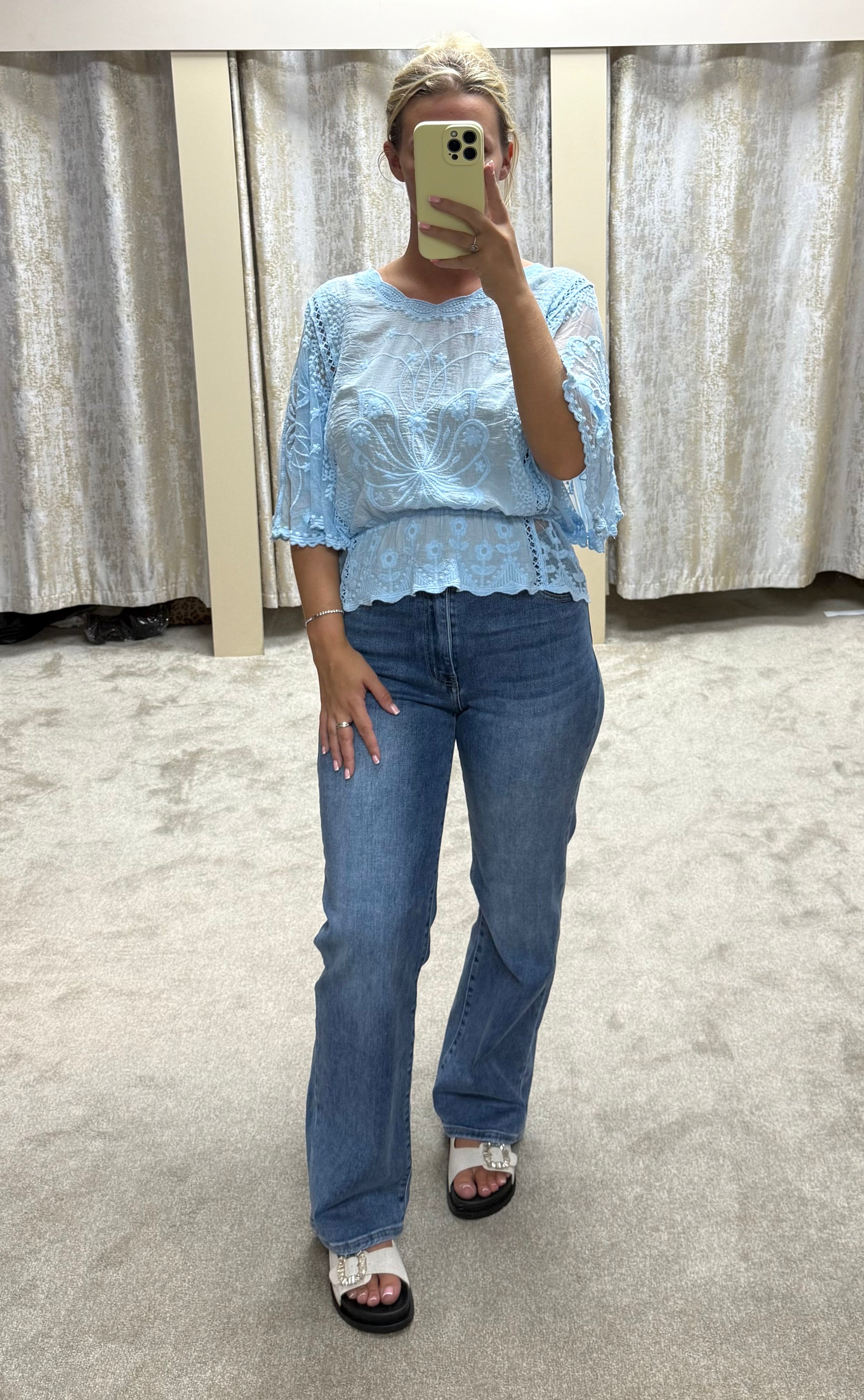 Butterly Embroidered Elasticated Waist Crochet Detail Top