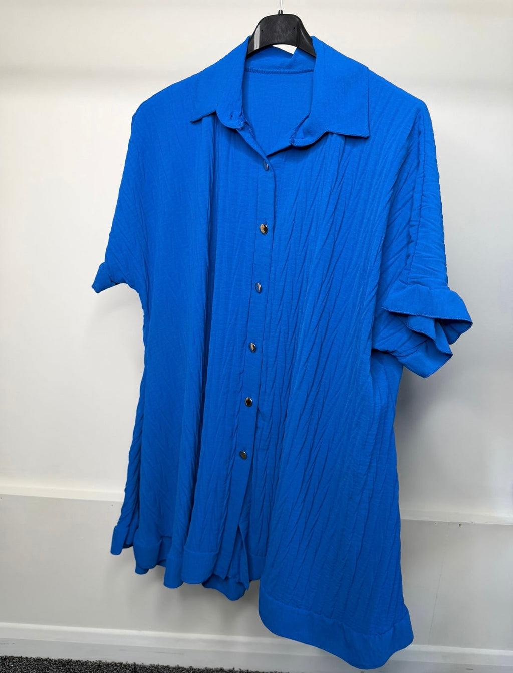 Gold Button Pleated Ruffle Hem Oversized Dress