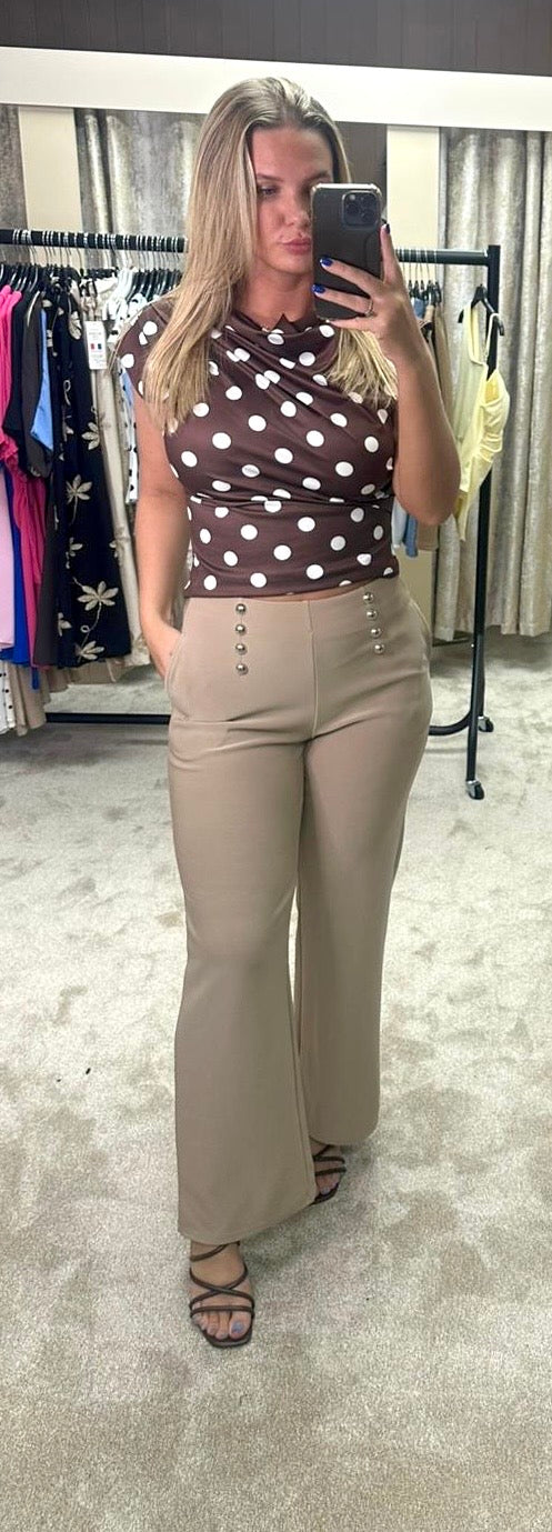 Beige Soft Scuba Formal Trousers With Silver Stud Detail