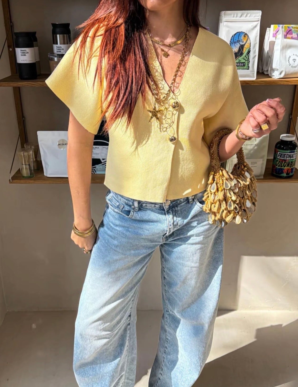 Elegant Front Gold Buckle Cap Sleeve V Neck Top - Lemon