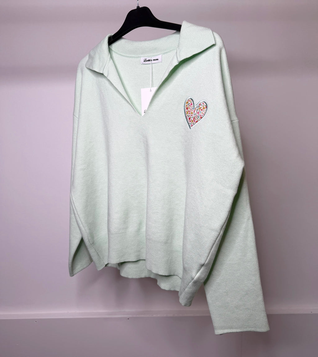 Floral Print Embroidered Heart Detail Collared Sweatshirt