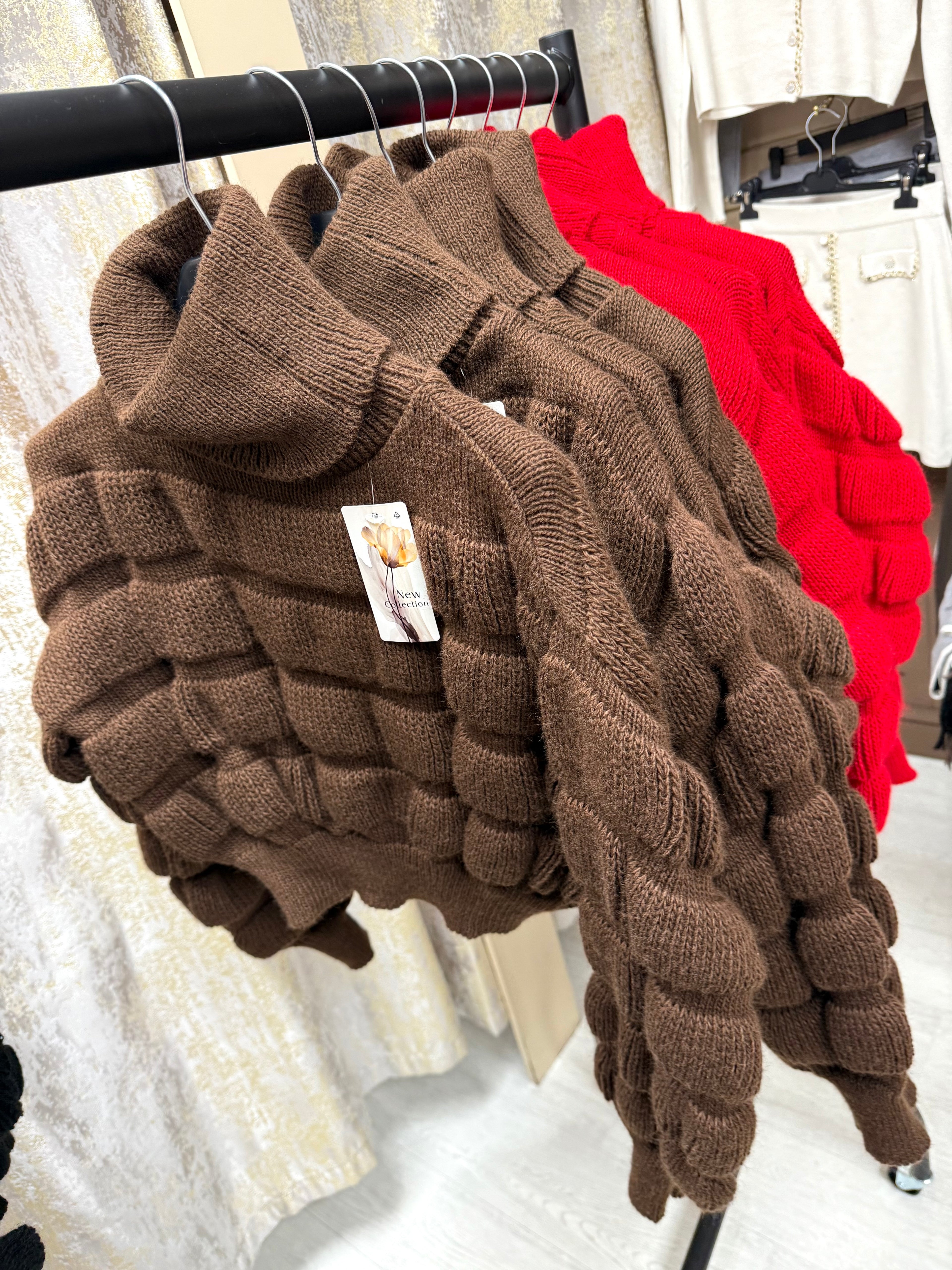 Bubble Knit Cropped Jumper - Roll Neck - Chocolate Brown