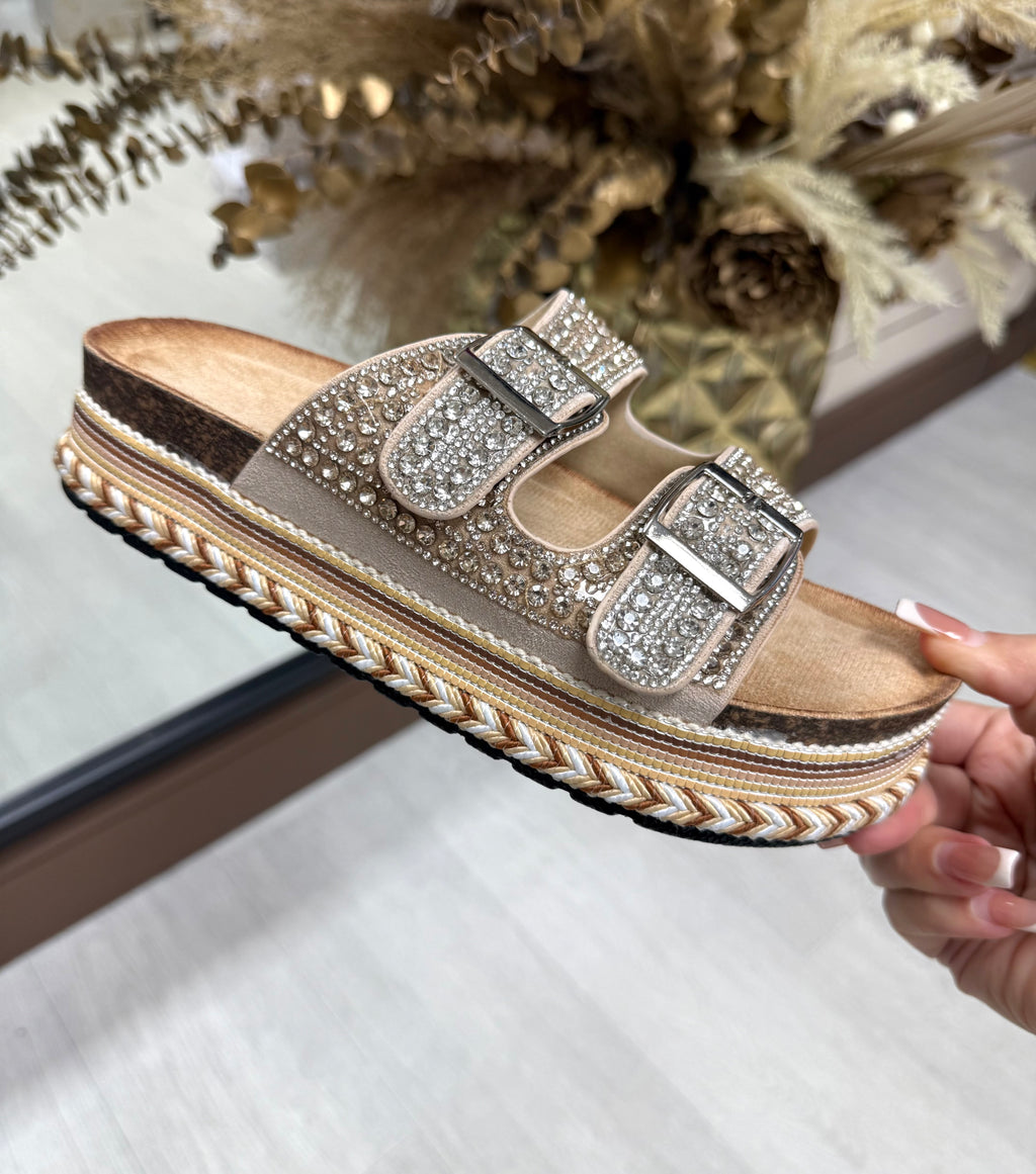 Diamanté Adjustable Buckle Platform Sliders- Beige