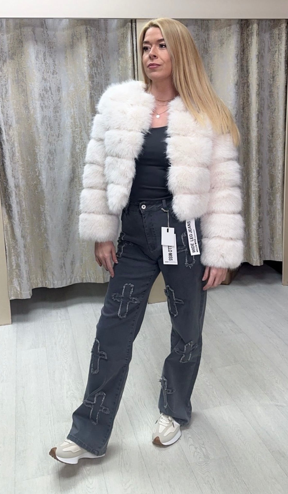 Crucifix Premium Denim Wide Leg High Waisted Stretchy Jeans - Grey