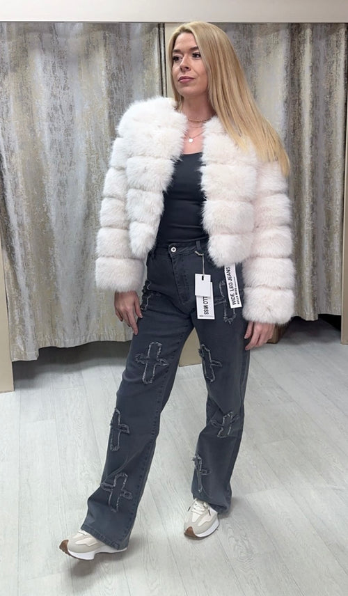Crucifix Premium Denim Wide Leg High Waisted Stretchy Jeans - Grey