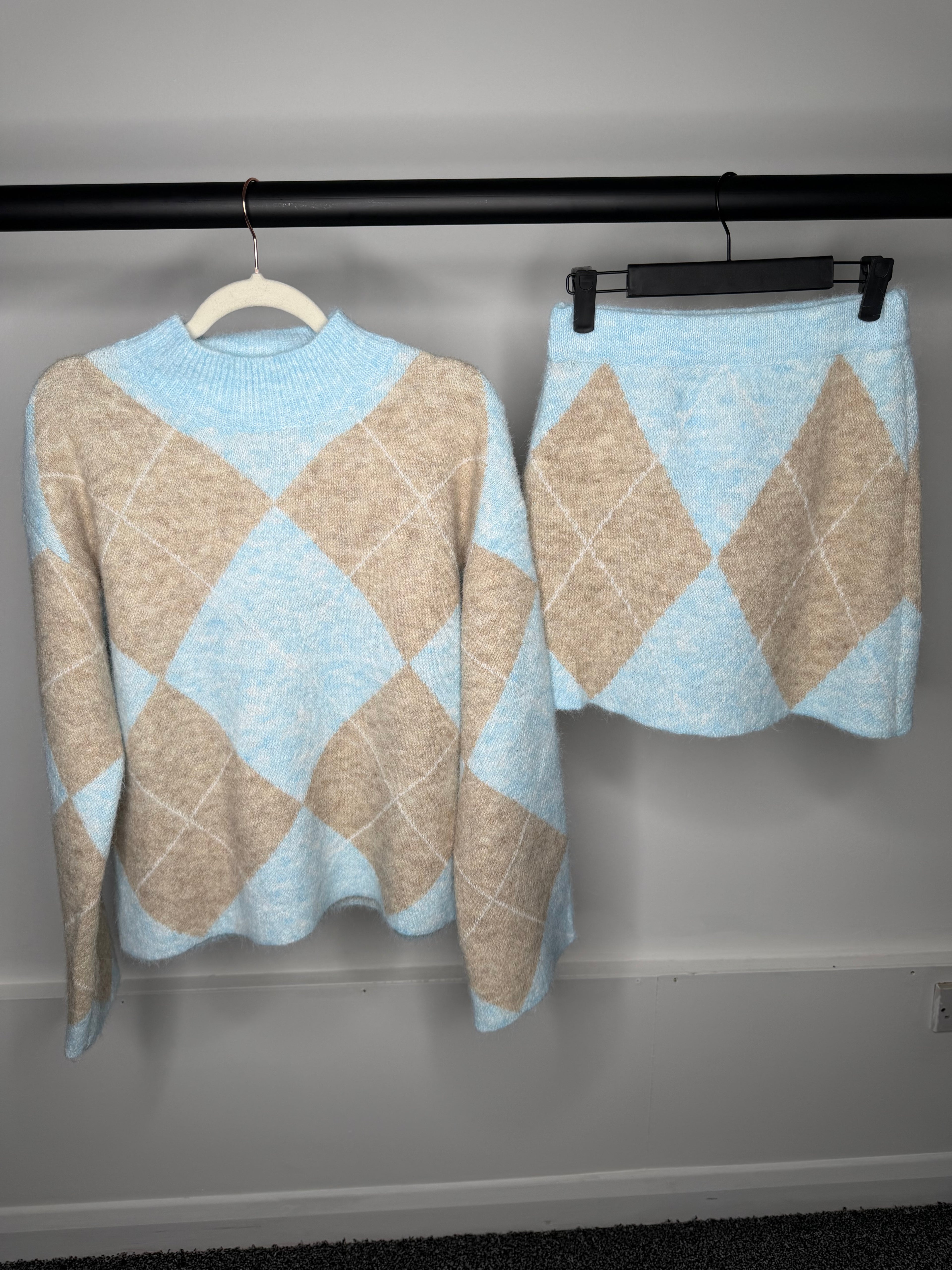 Diamond Check Pastel Soft Knit Jumper & Skirt Co Ord