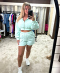 Oversized Waist Cinching Zip Up Hoodie & Shorts Knot Logo Co Ord - Mint Green