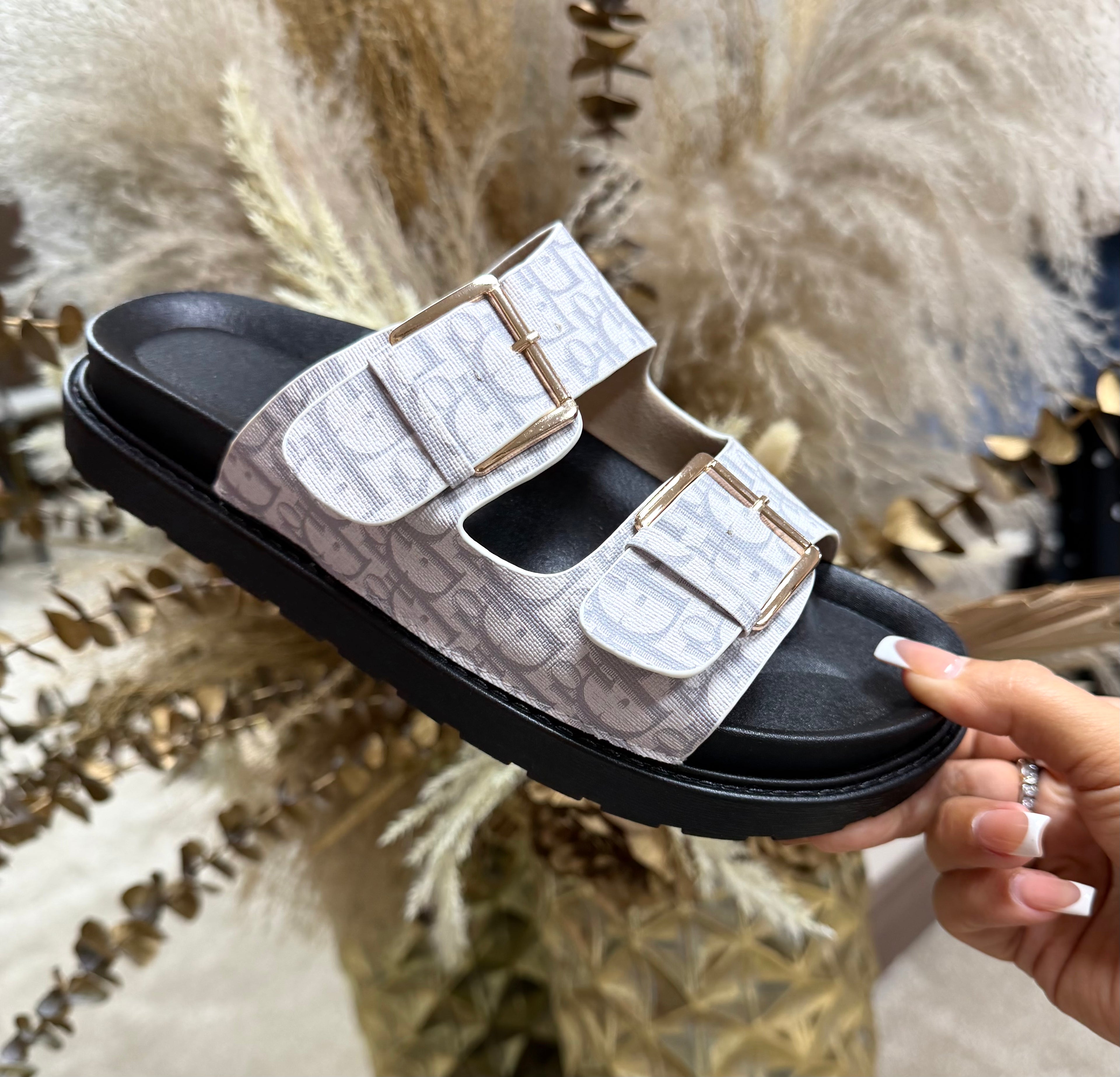Dior Inspired Buckle Sliders - White