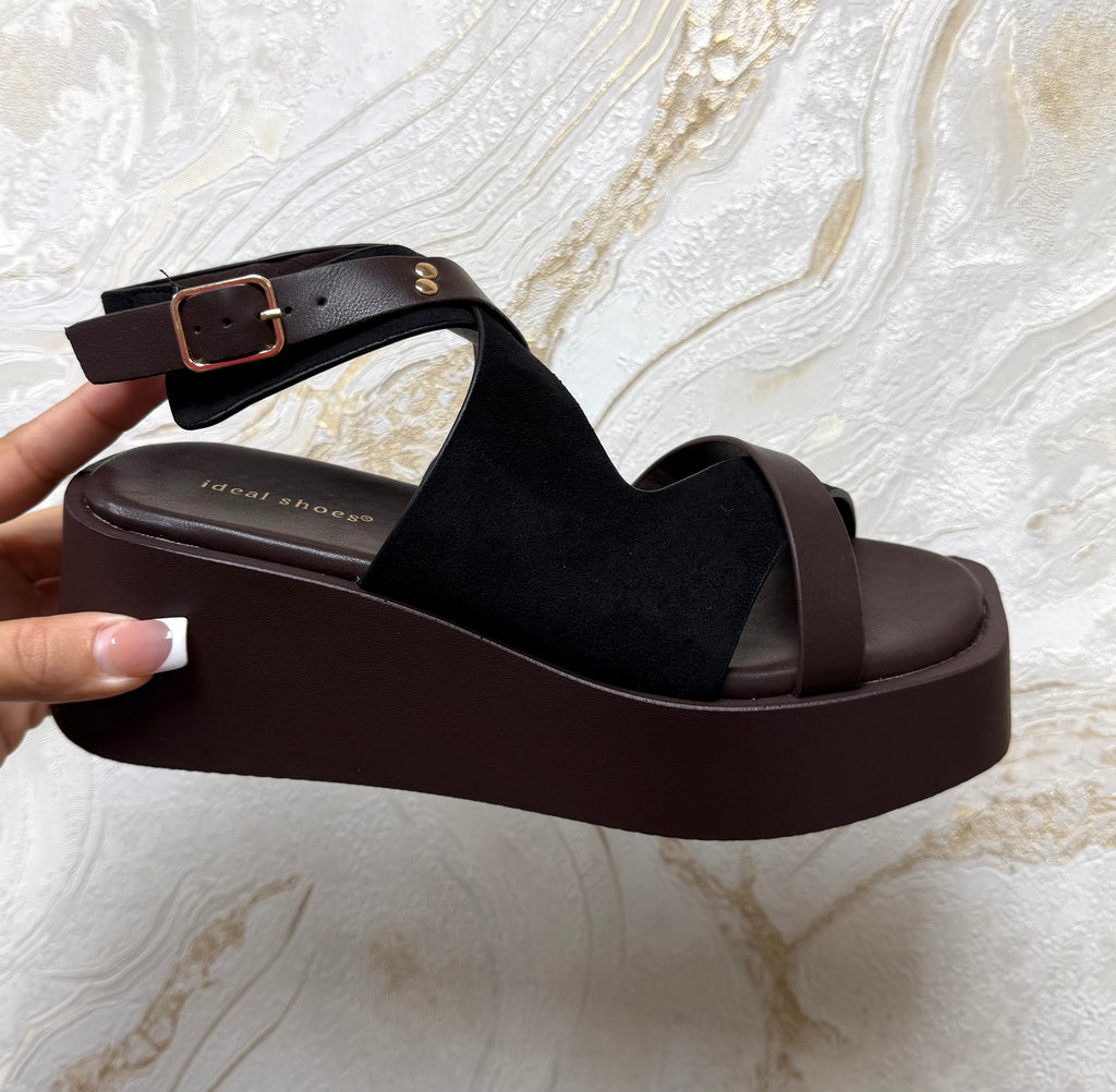 Faux Suede Strappy Flatform Wedge Sandals - Black & Brown