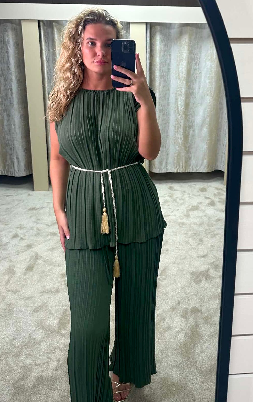 Pleated Shoulder Pad Tie Waist Top & Trouser Co Ord