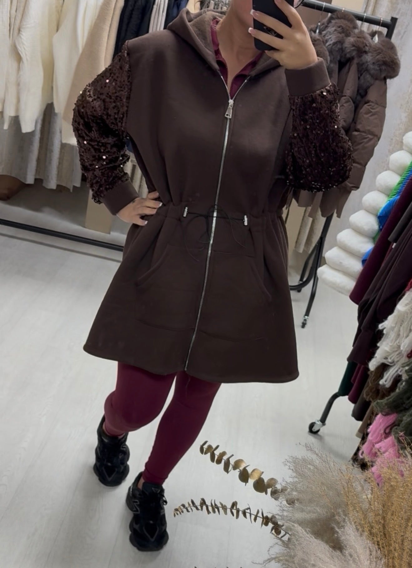 Fleece Lined Sequin Sleeve Waist Cinching Jackets