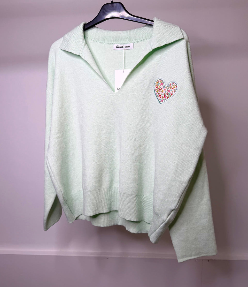 Floral Print Embroidered Heart Detail Collared Sweatshirt