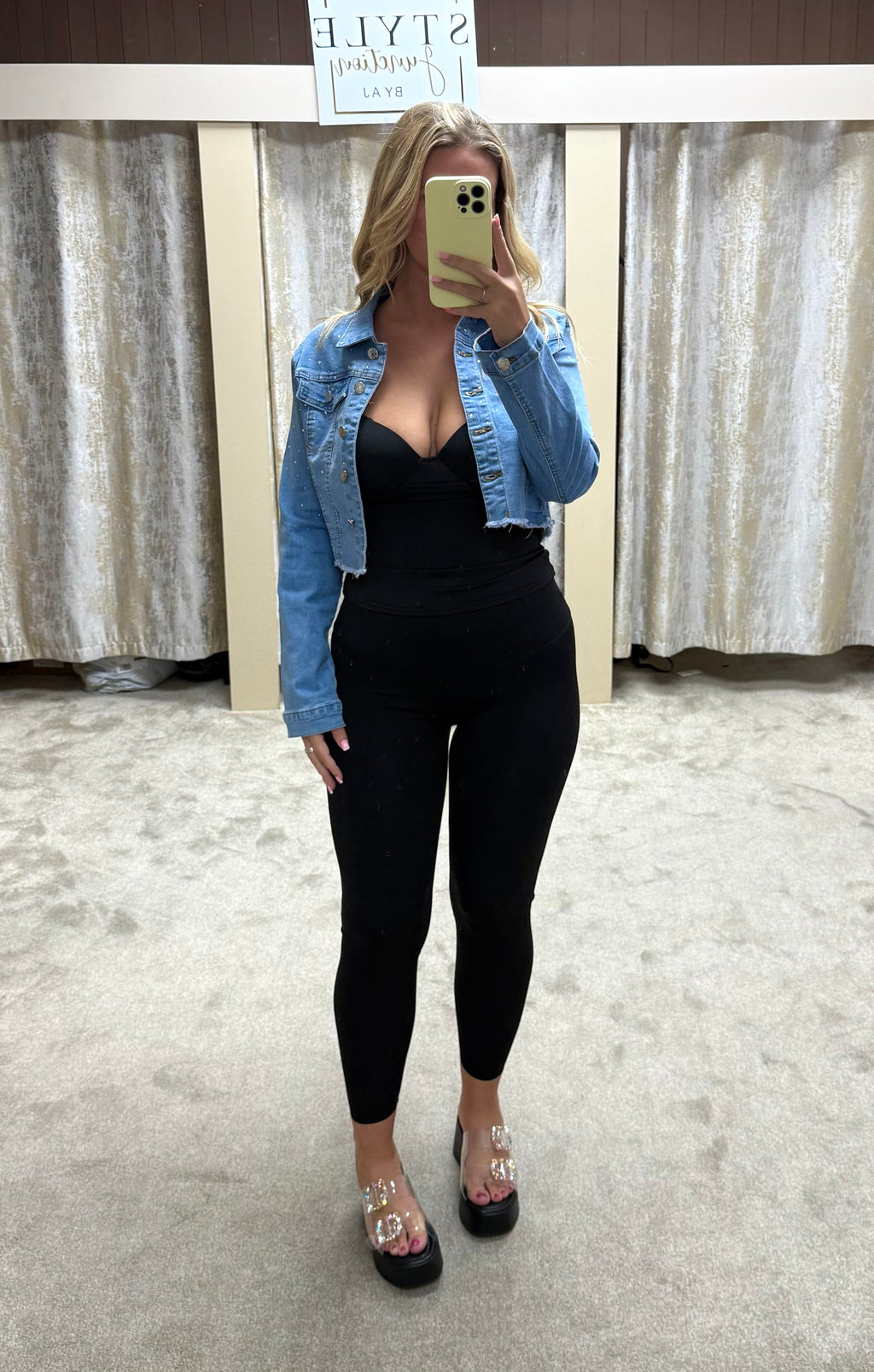 Diamanté Cropped Stretchy Denim Jacket