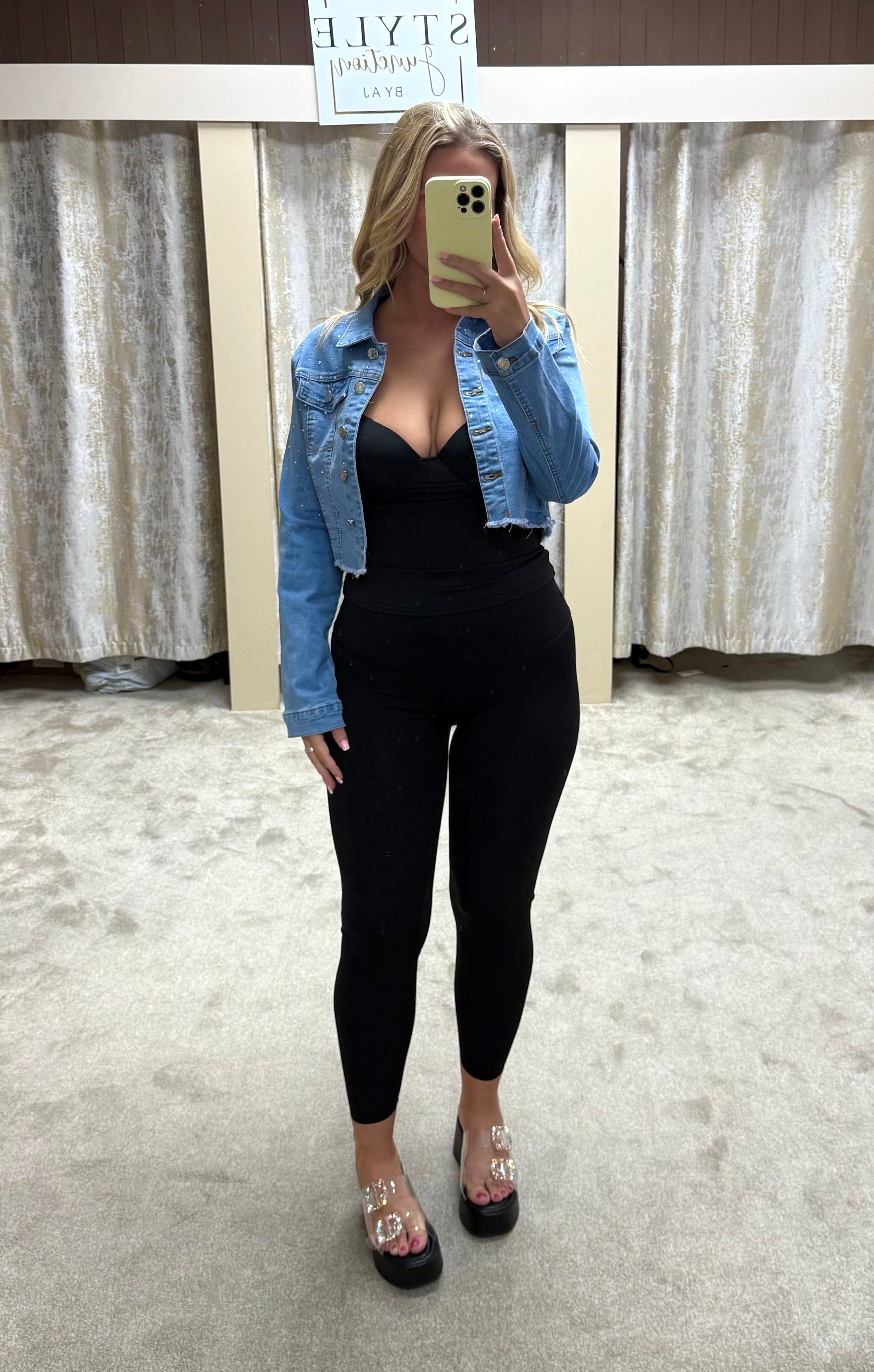 Diamanté Cropped Stretchy Denim Jacket