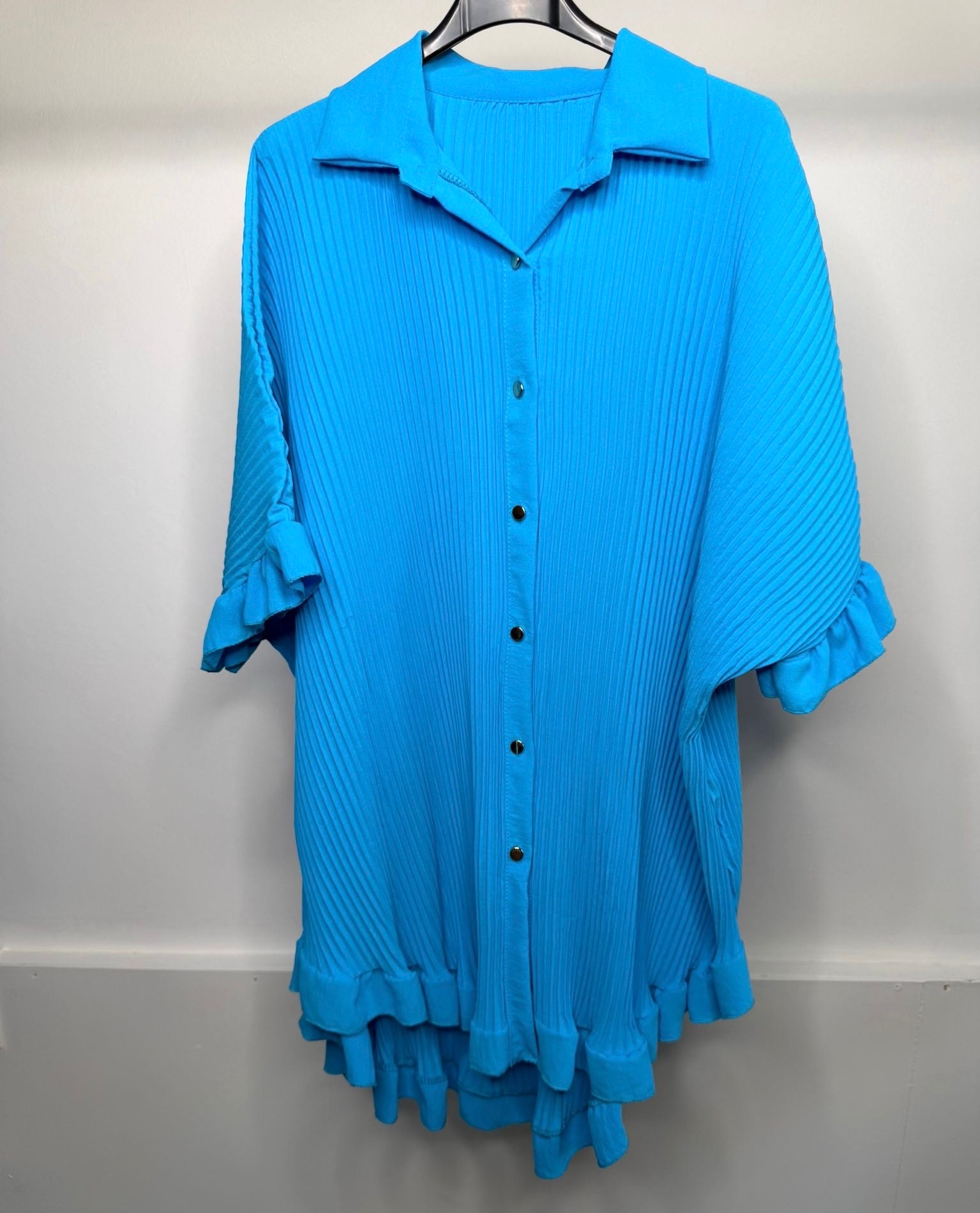 Gold Button Pleated Ruffle Hem Oversized Long Top / Mini Dress - Aqua Blue