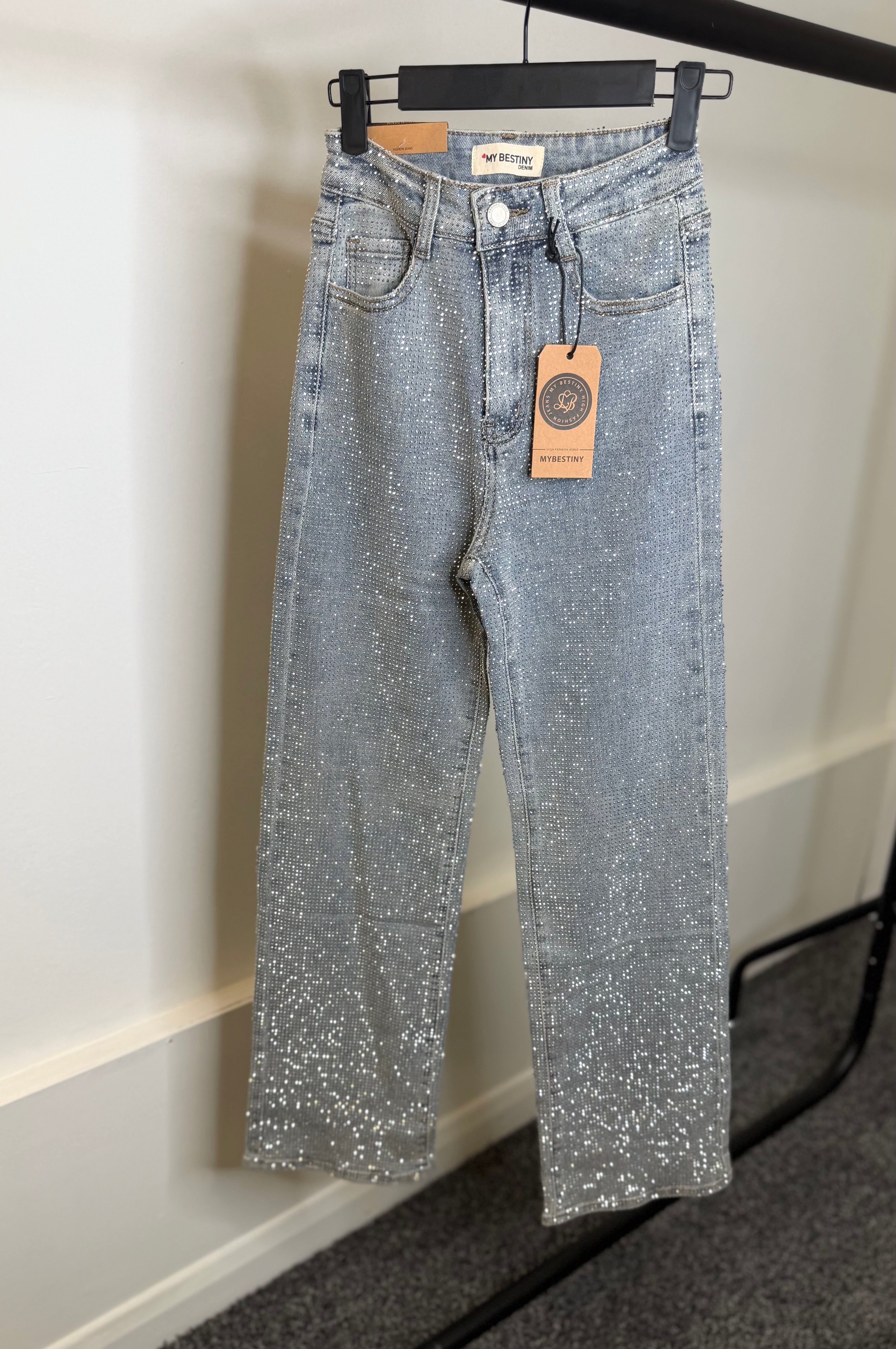 Diamanté Denim Wide Leg High Waisted Stretchy Jeans - Grey