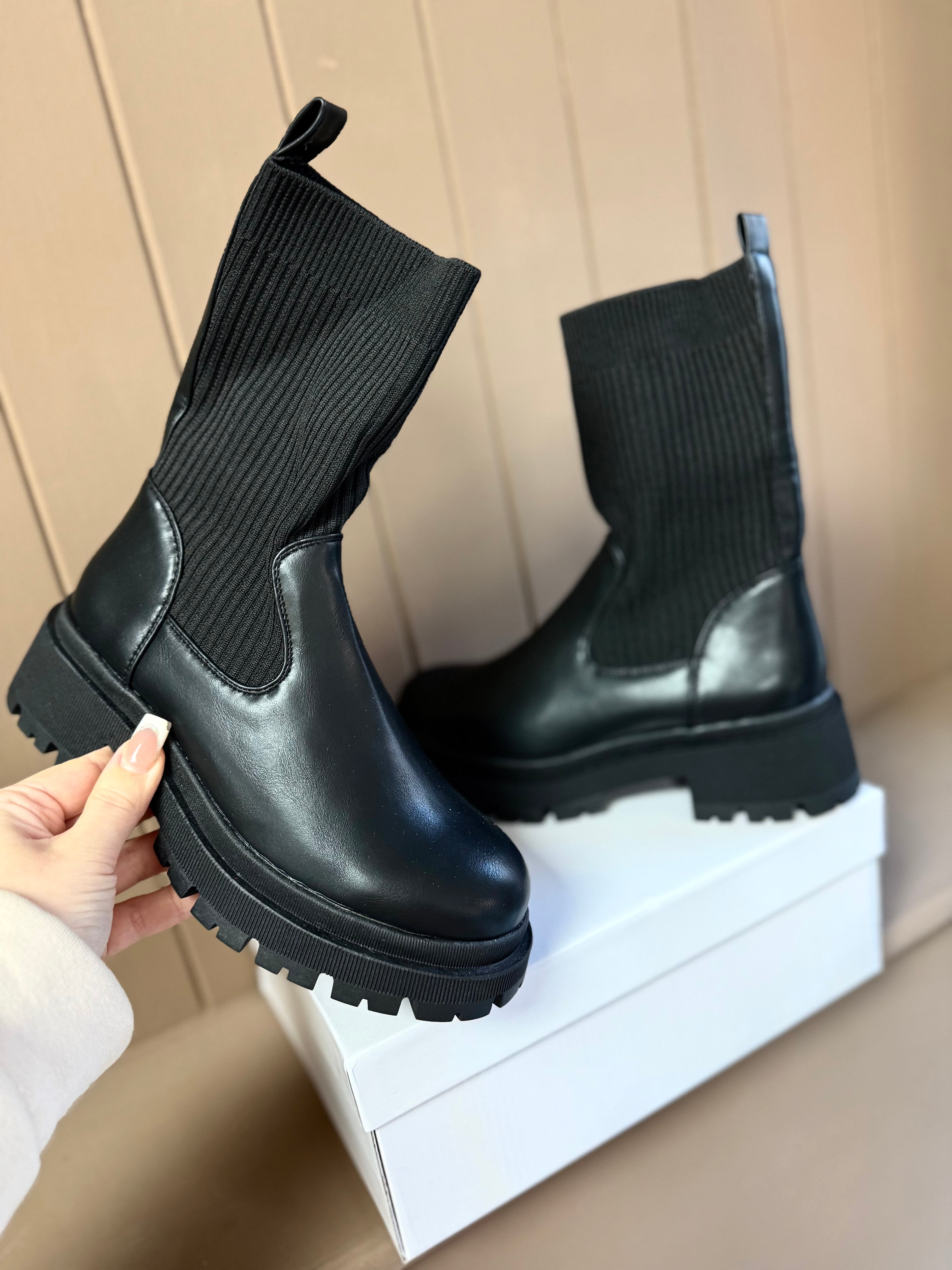 Black Knit Stretchy Chelsea Ankle Boots