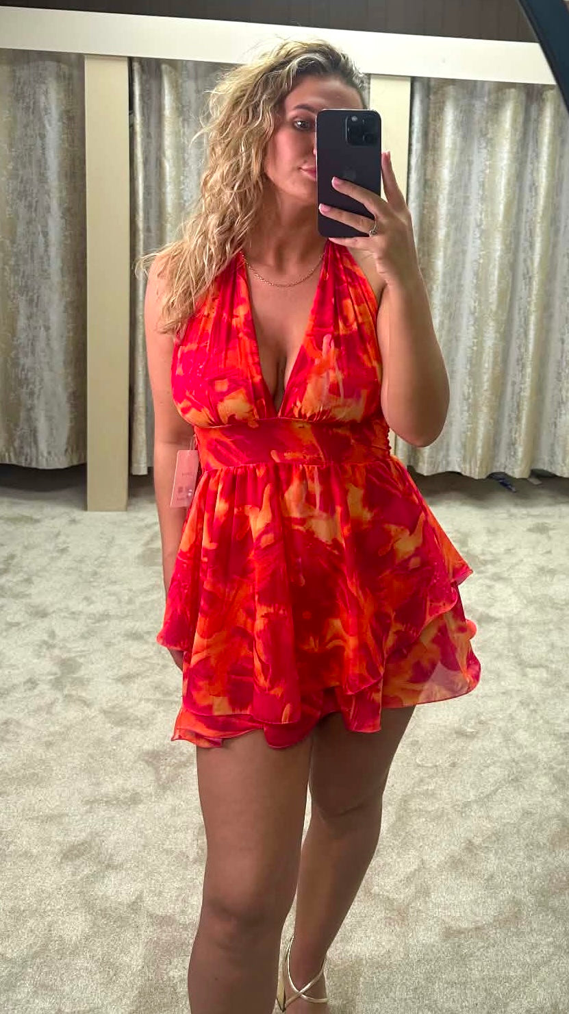 Halter Neck Marble Print Chiffon Dress - Red & Orange