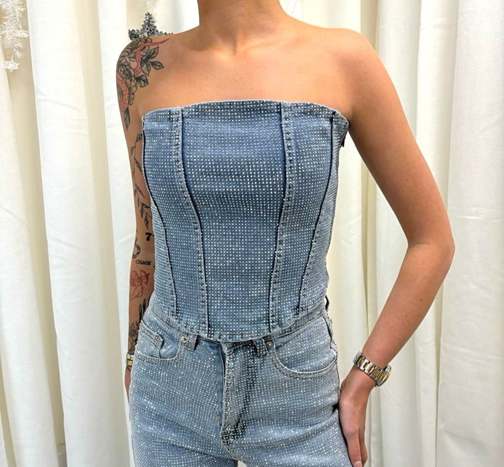 Diamanté Stretchy Denim Zip Up Corset Top