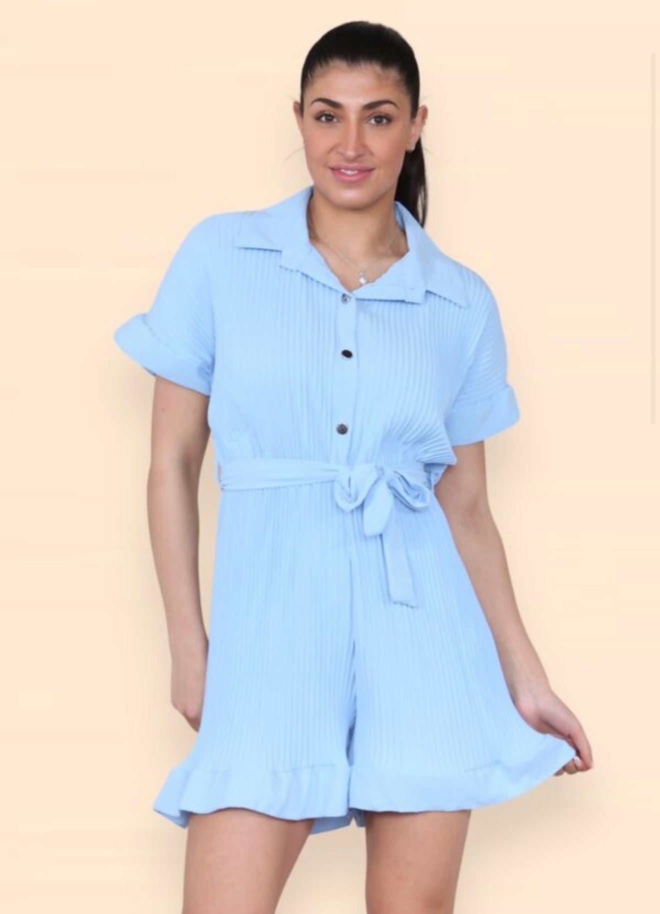 Pleated Frill Ruffle Tie Waist Playsuit