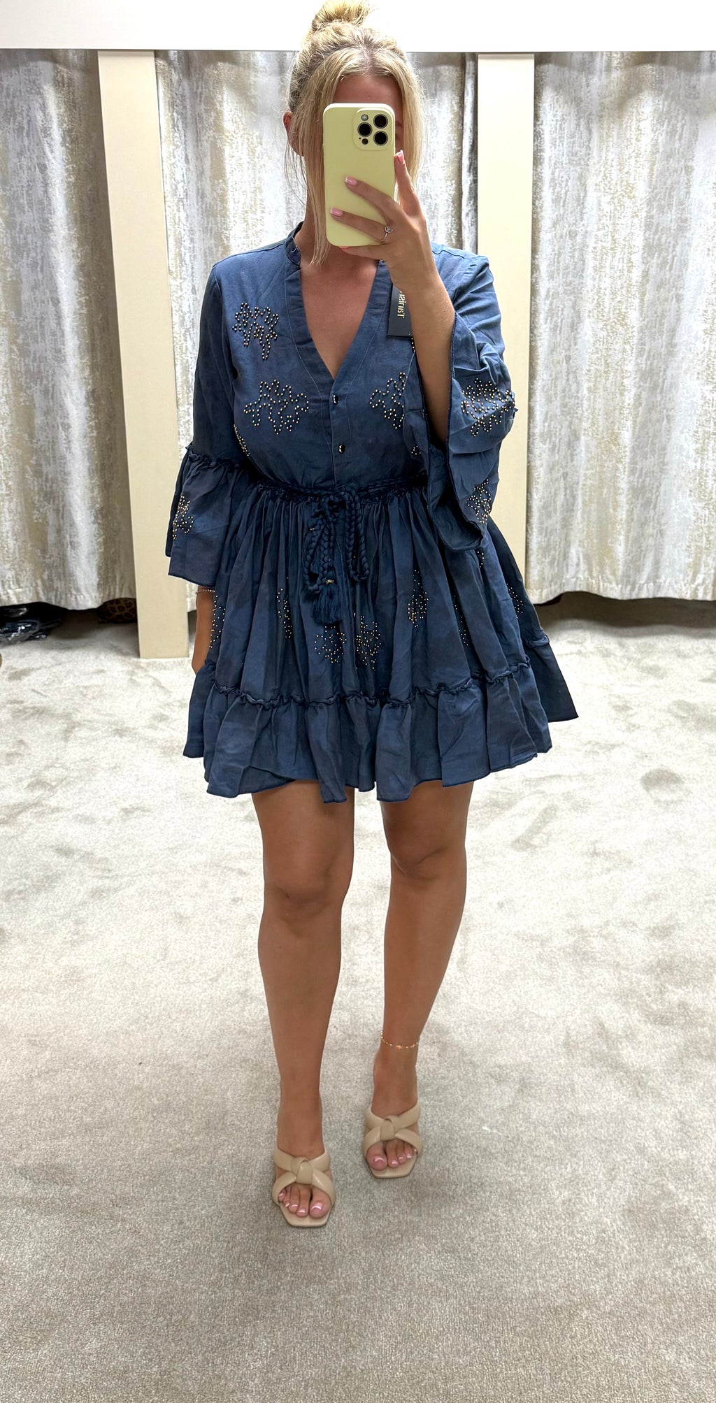 Denim Bell Sleeve Fit & Flare Dress With Gold Detailing