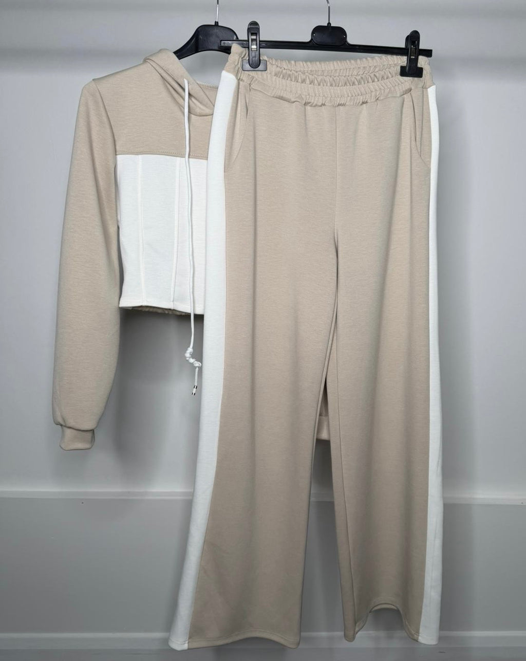 Corset Zip Up Two Tone Detail Hooded Jacket & Joggers Co Ord - Beige & White