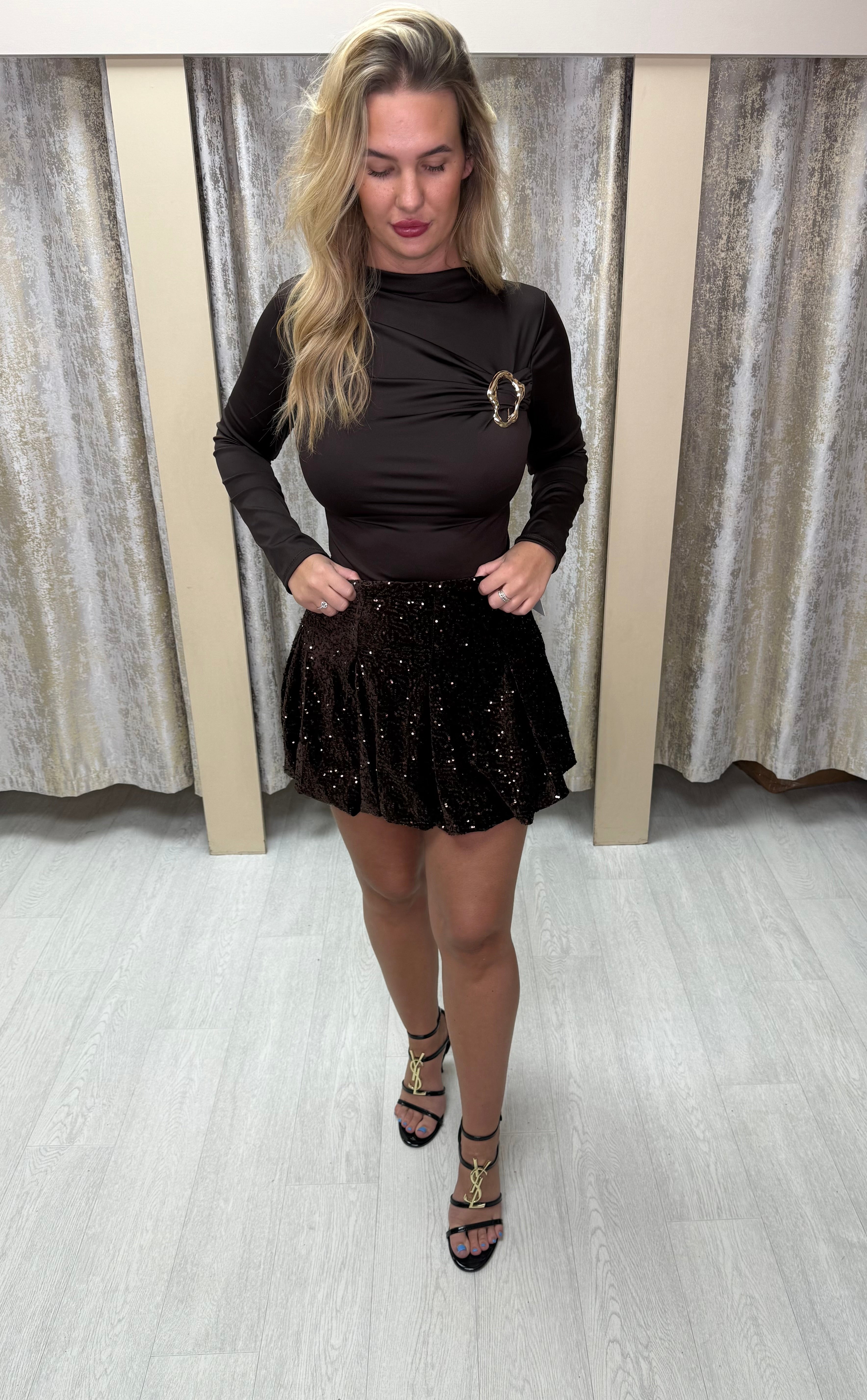 Glitter Sequin Pleated Elasticated Skirt - Brown