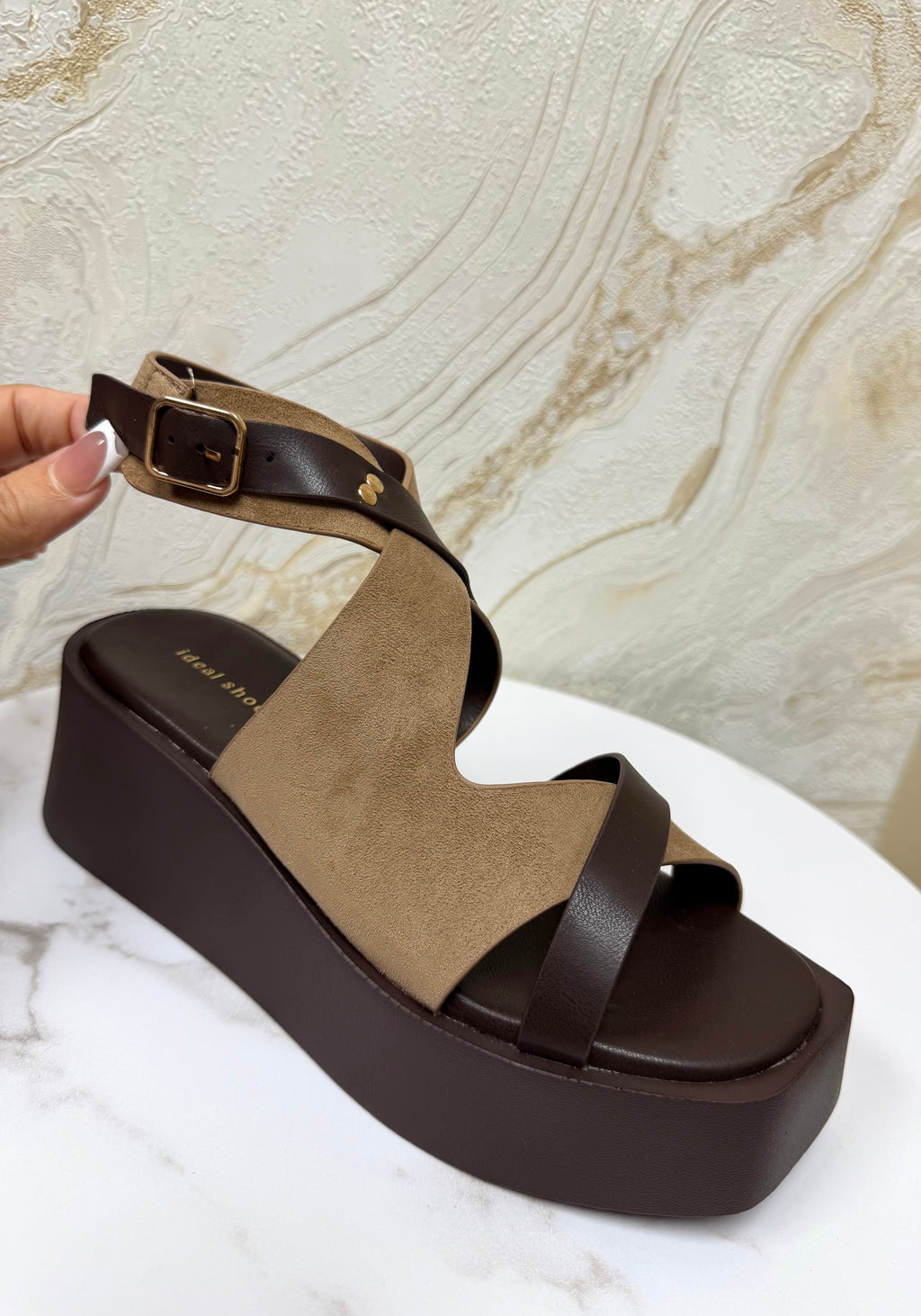 Faux Suede Strappy Flatform Wedge Sandals - Taupe & Brown