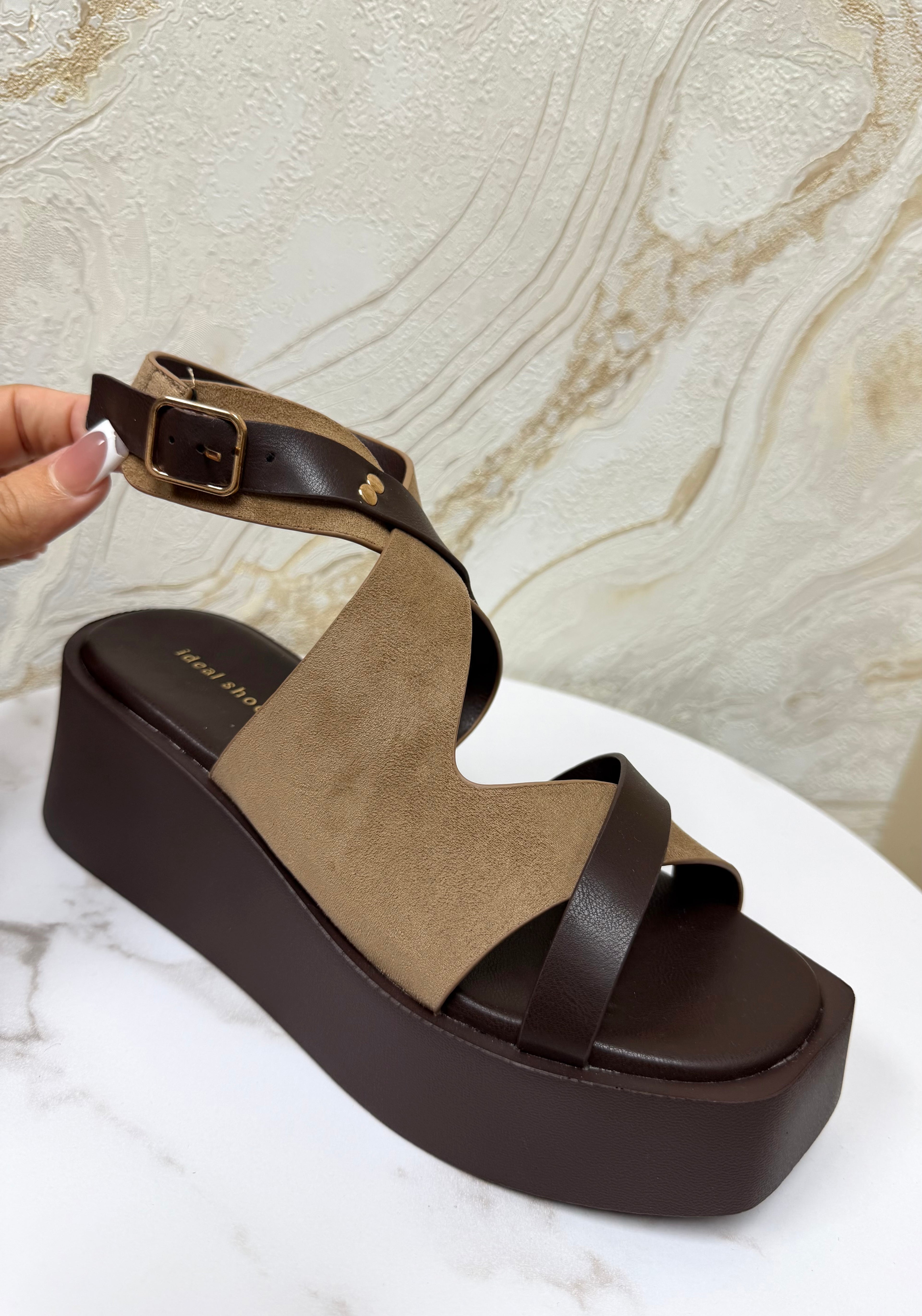 Faux Suede Strappy Flatform Wedge Sandals - Taupe & Brown