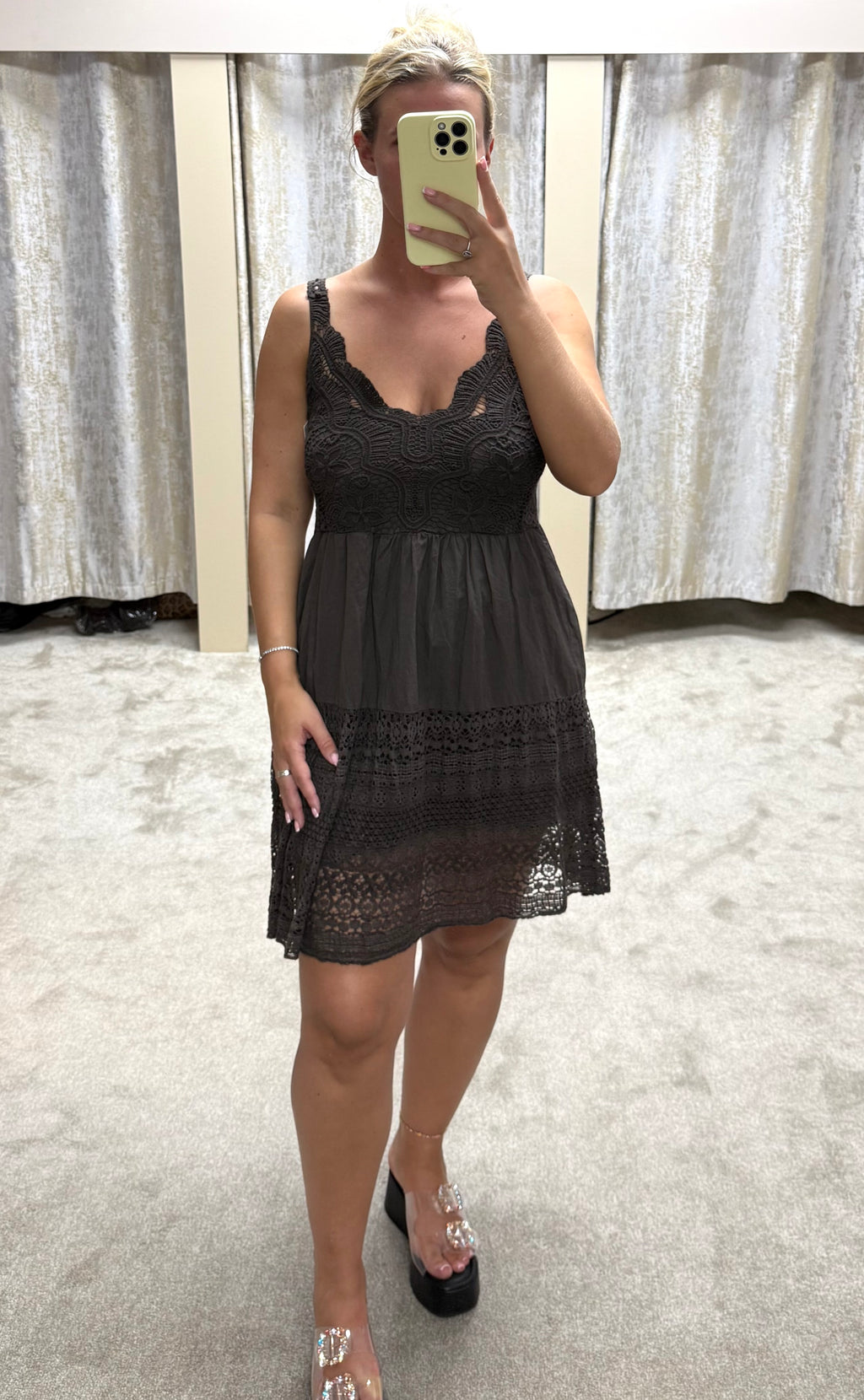 Crochet Detail Elasticated Back Lined Dress - Chocolate Brown