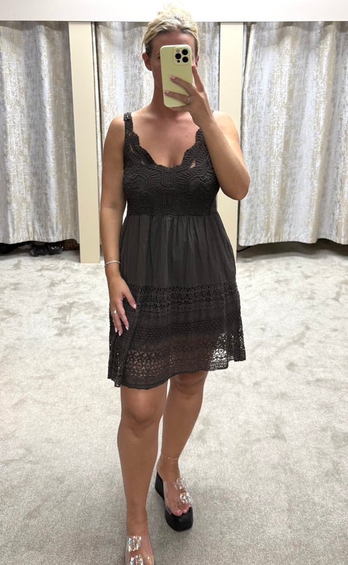 Crochet Detail Elasticated Back Lined Dress - Chocolate Brown