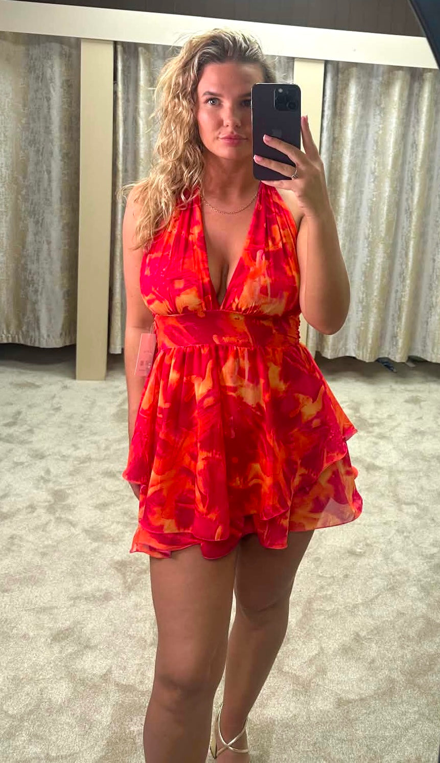 Halter Neck Marble Print Chiffon Dress - Red & Orange