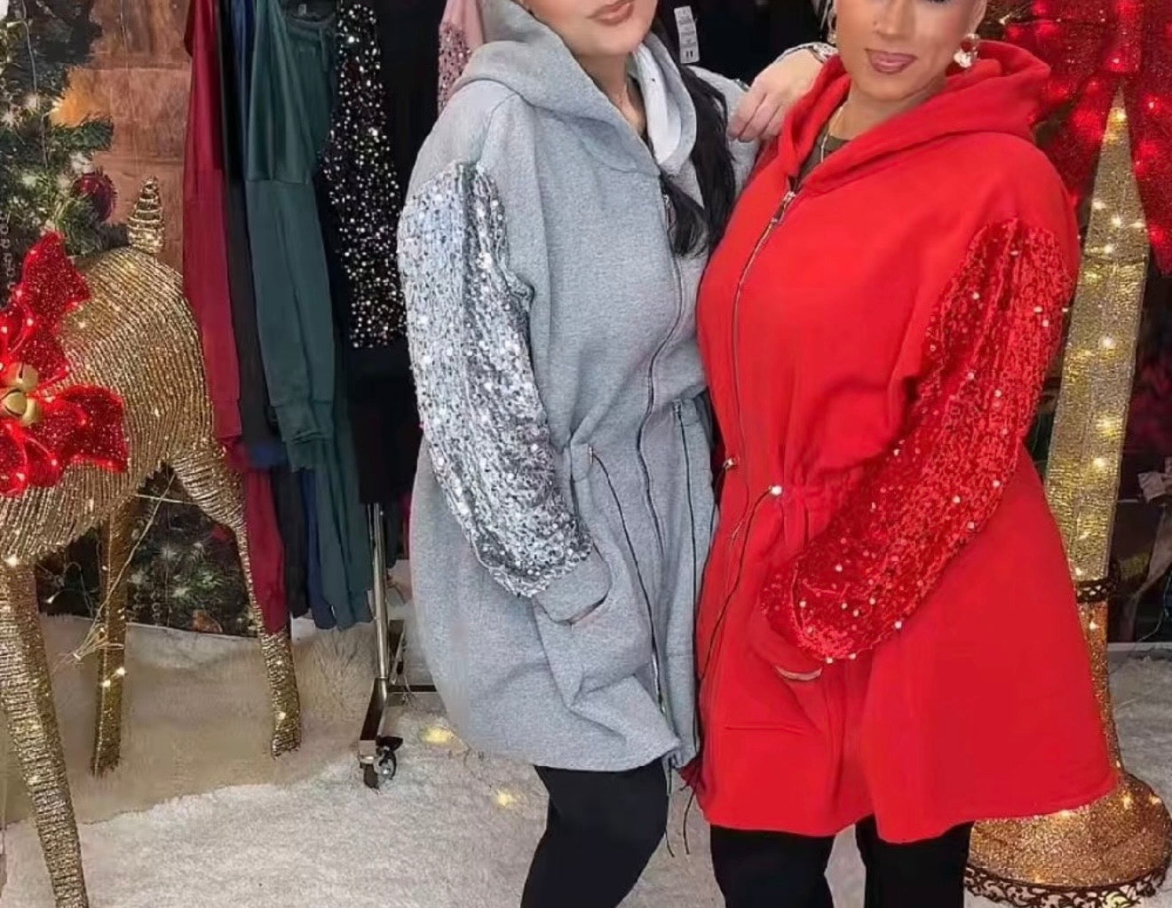 Fleece Lined Sequin Sleeve Waist Cinching Jackets