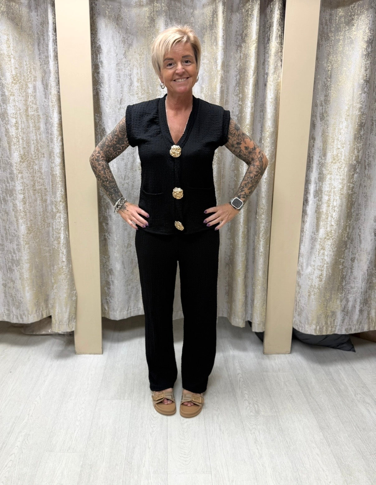 Crinkle Waistcoat & Trouser Co Ord with Gold Button Detailing