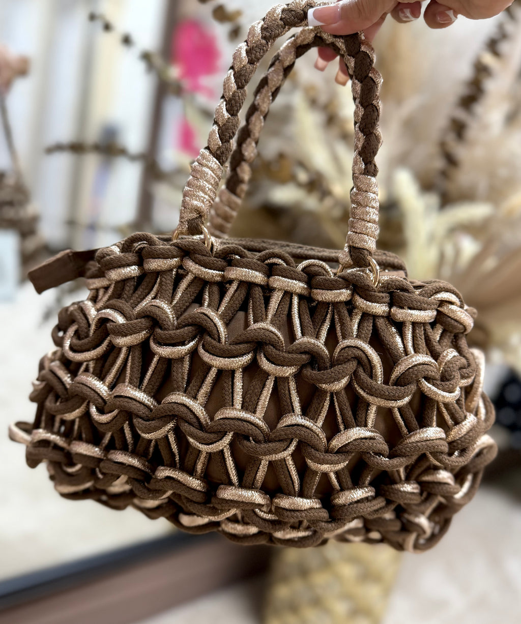 Chunky Yarn Knit Bag - Chocolate Brown & Gold