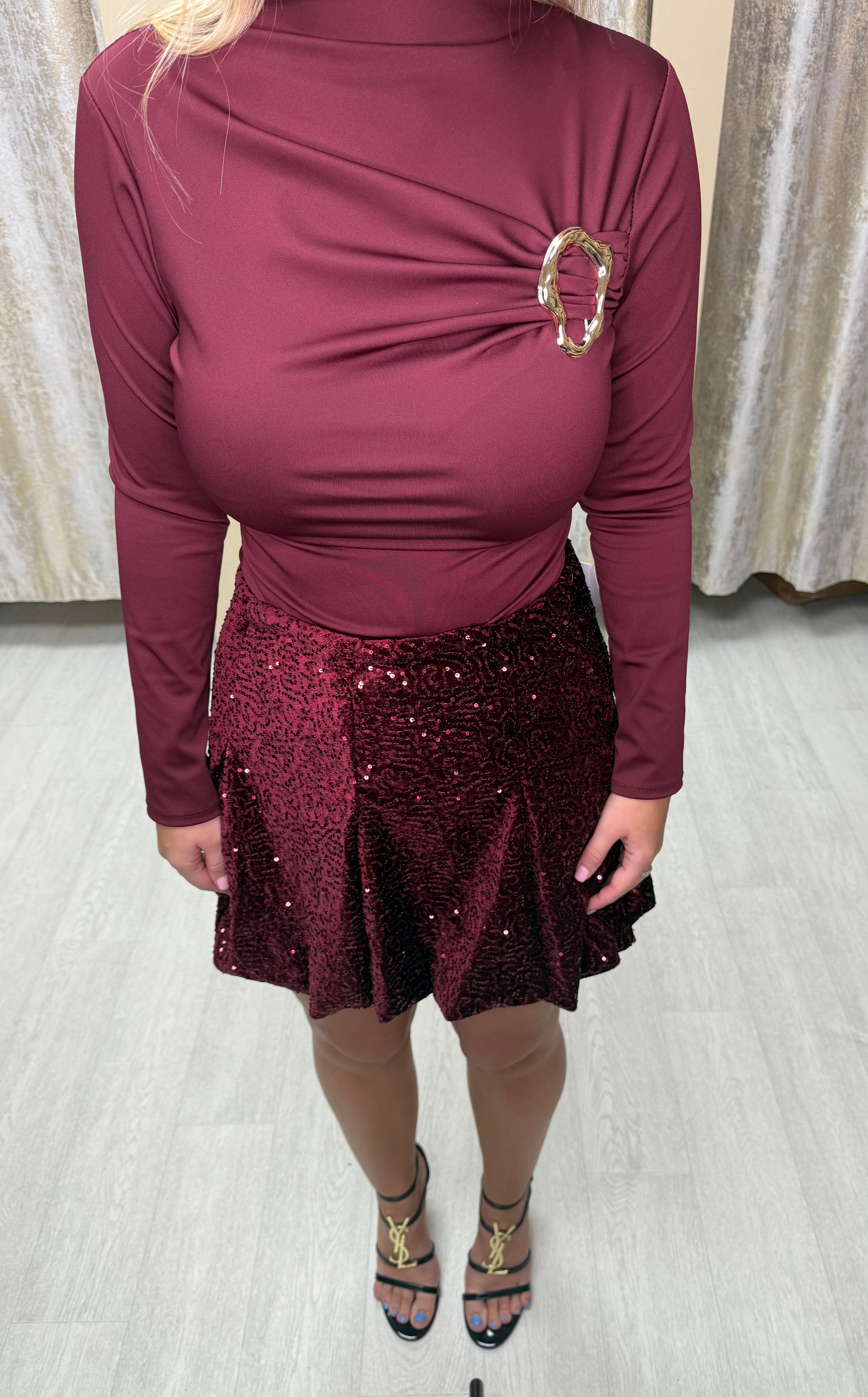 Glitter Sequin Pleated Elasticated Skirt - Burgundy