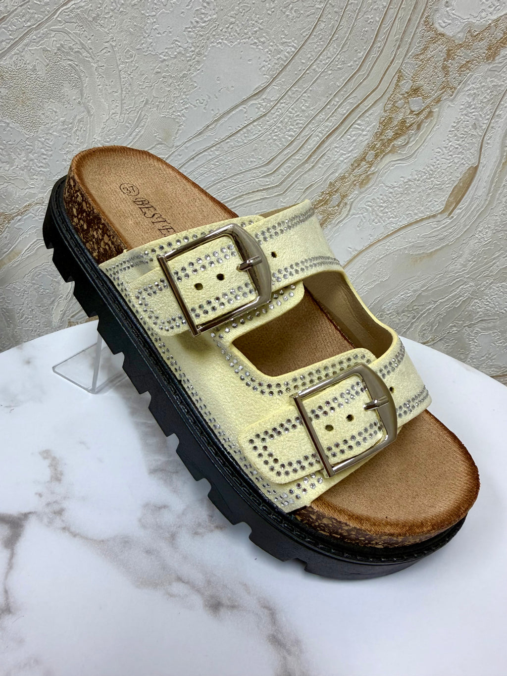 Diamanté Suede Buckle Slider - Lemon