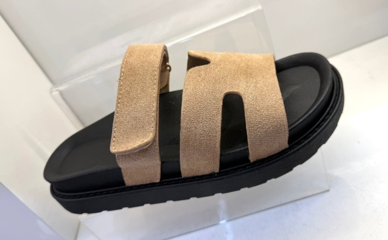 H Inspired Faux Suede Velcro Sliders - Sand