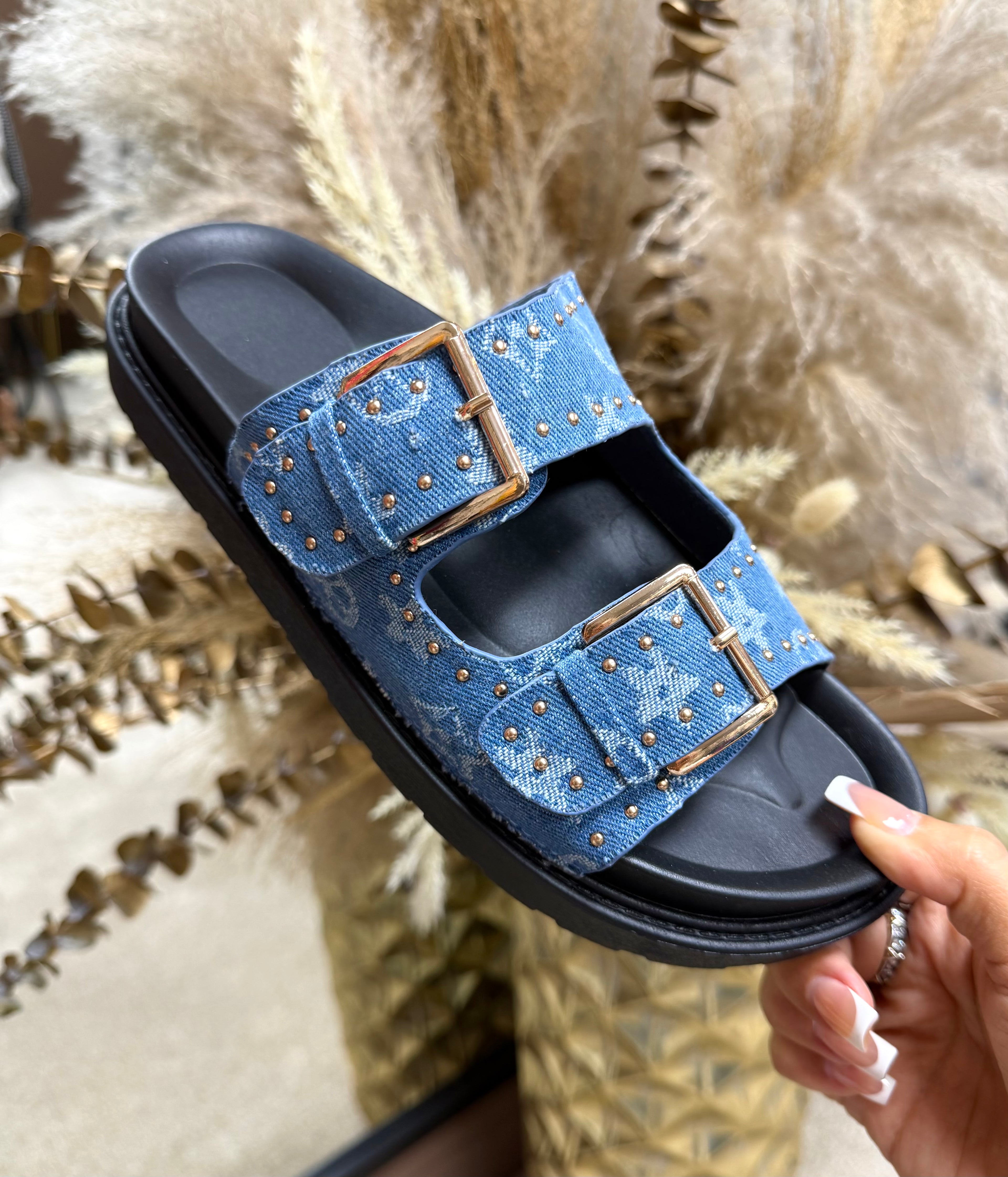 Louis Vuitton Inspired Denim Sliders