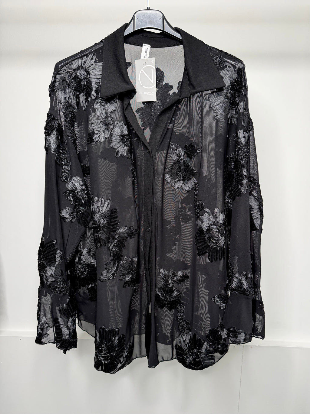 PLUS SIZE - Flower Embroidered Mesh Shirt with Bell Sleeve Detail