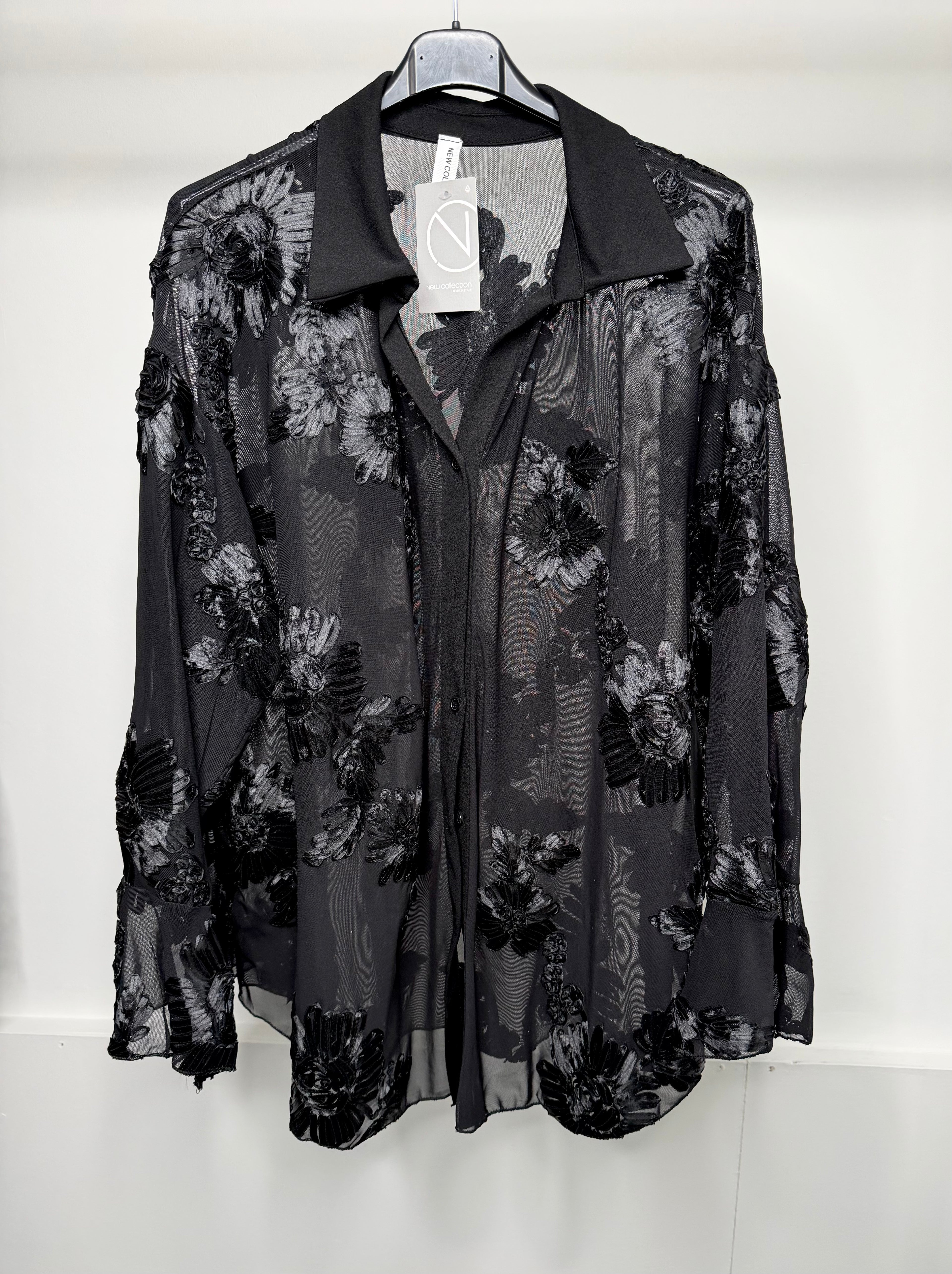 PLUS SIZE - Flower Embroidered Mesh Shirt with Bell Sleeve Detail
